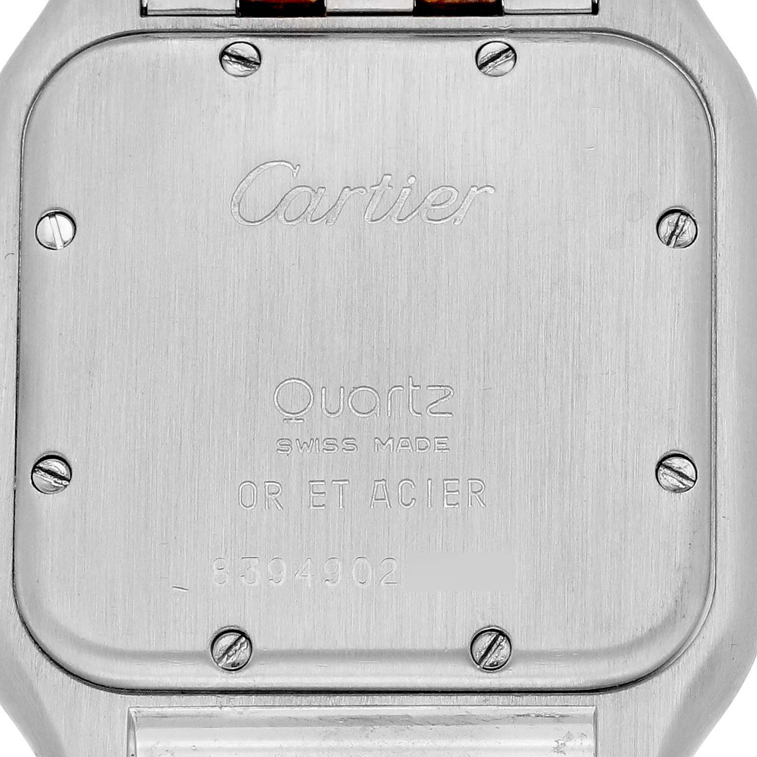The image shows the back case of the Cartier Panthere W25028B6 Women's Steel and Gold (two tone) Silver Dial W25028B6 Women's Steel and Gold (two tone) Silver Dial watch at a direct angle, displaying screws and engraved text.