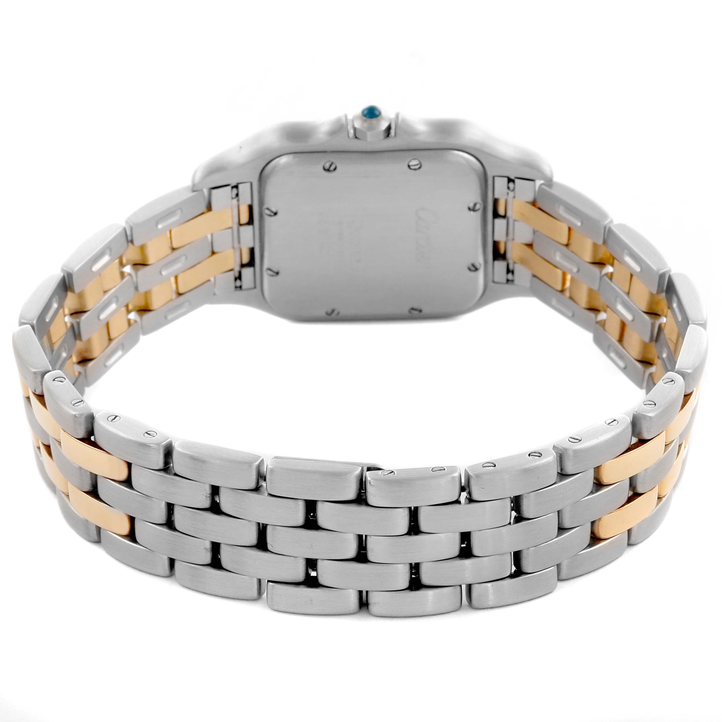 The Cartier Panthère watch is shown from the back, highlighting its two-tone bracelet and case back.
