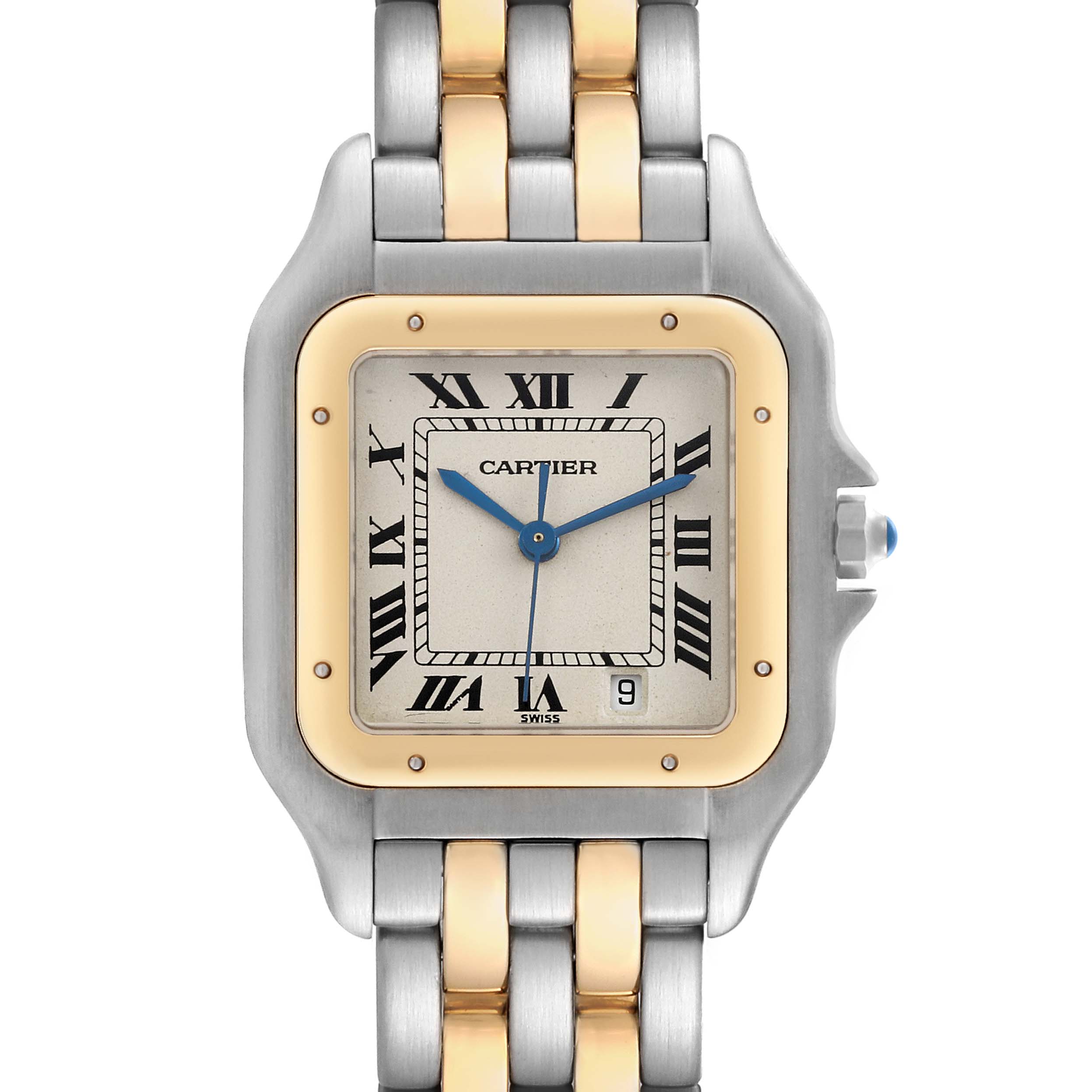 The Cartier Panthere W25028B6 Women's Steel and Gold (two tone) Silver Dial W25028B6 Women's Steel and Gold (two tone) Silver Dial watch is shown from the front, displaying its two-tone bracelet, square face, Roman numerals, and date window.