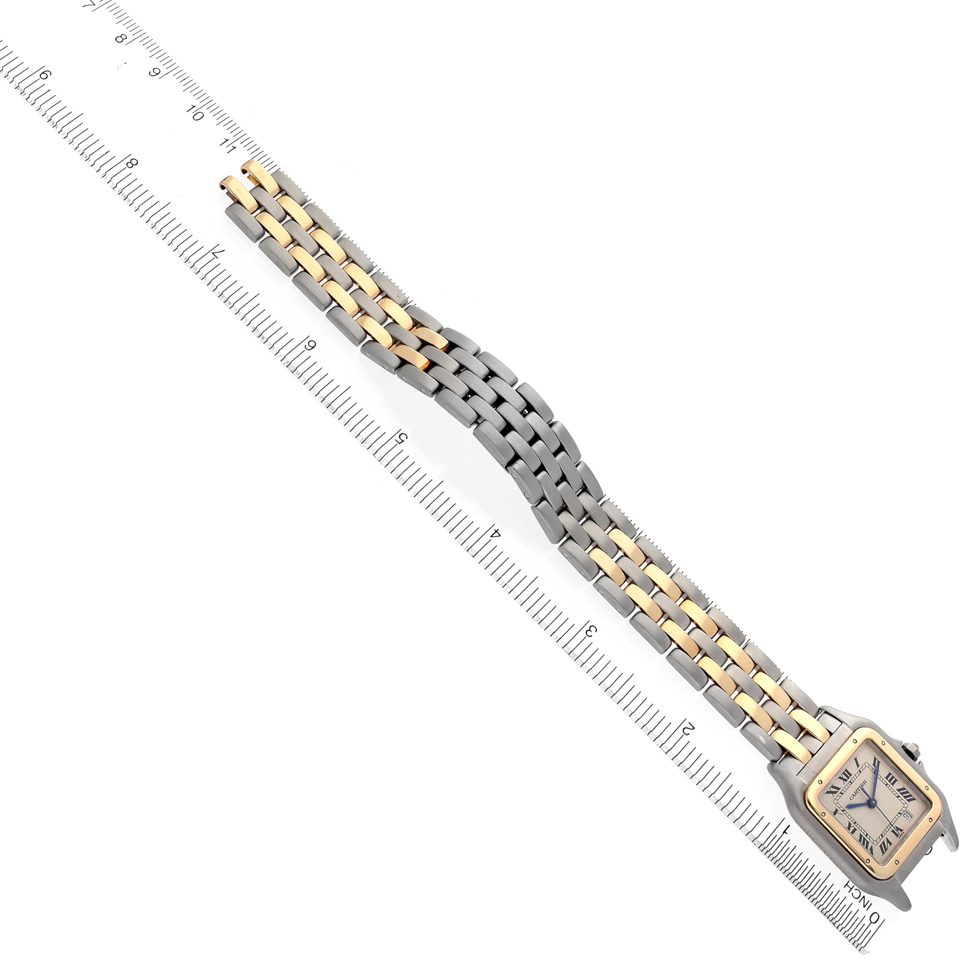 The Panthere de Cartier watch is shown from a top view, displaying the face and full two-tone bracelet.