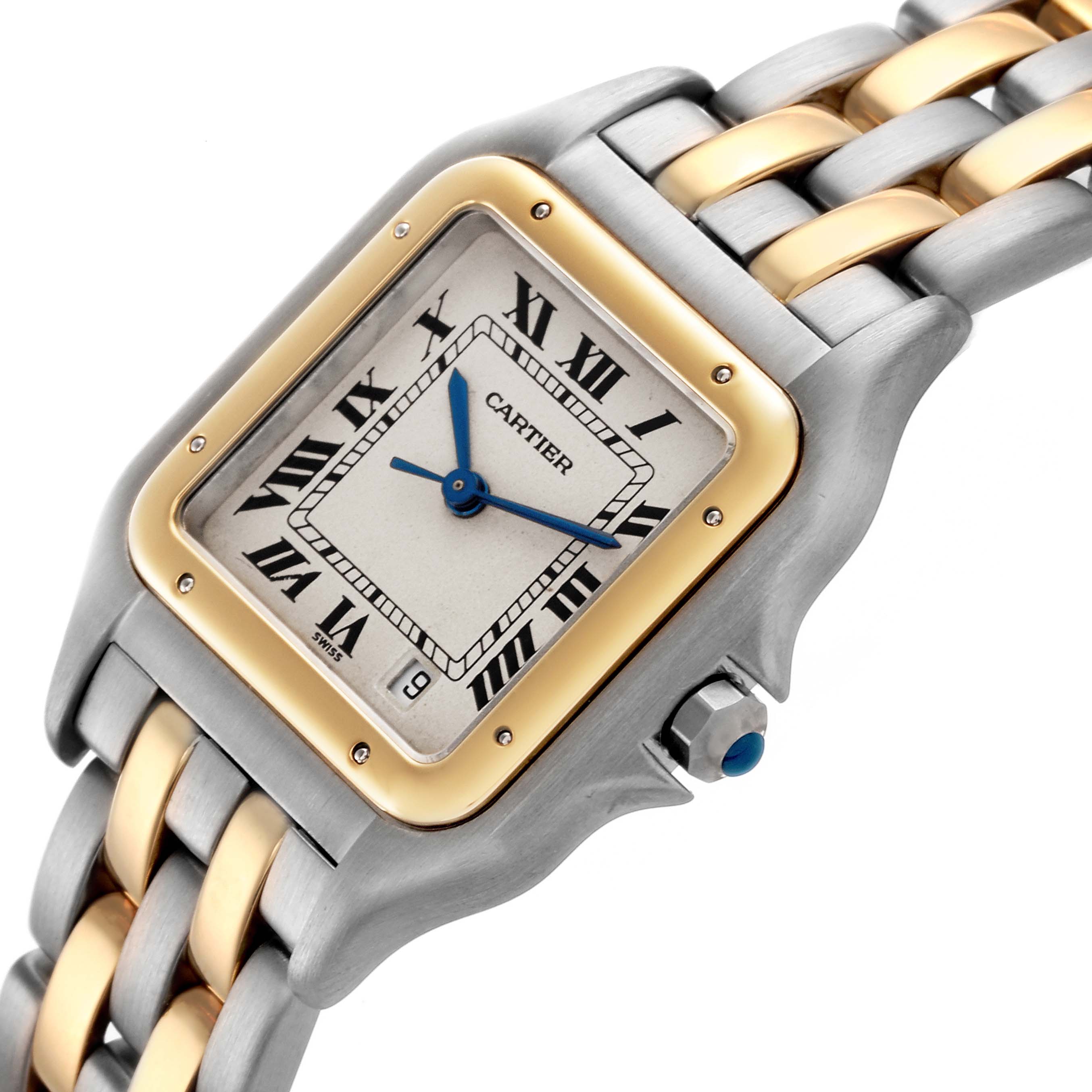 The Cartier Panthere W25028B6 Women's Steel and Gold (two tone) Silver Dial W25028B6 Women's Steel and Gold (two tone) Silver Dial watch is shown at an angle highlighting its face, bezel, and two-tone bracelet.