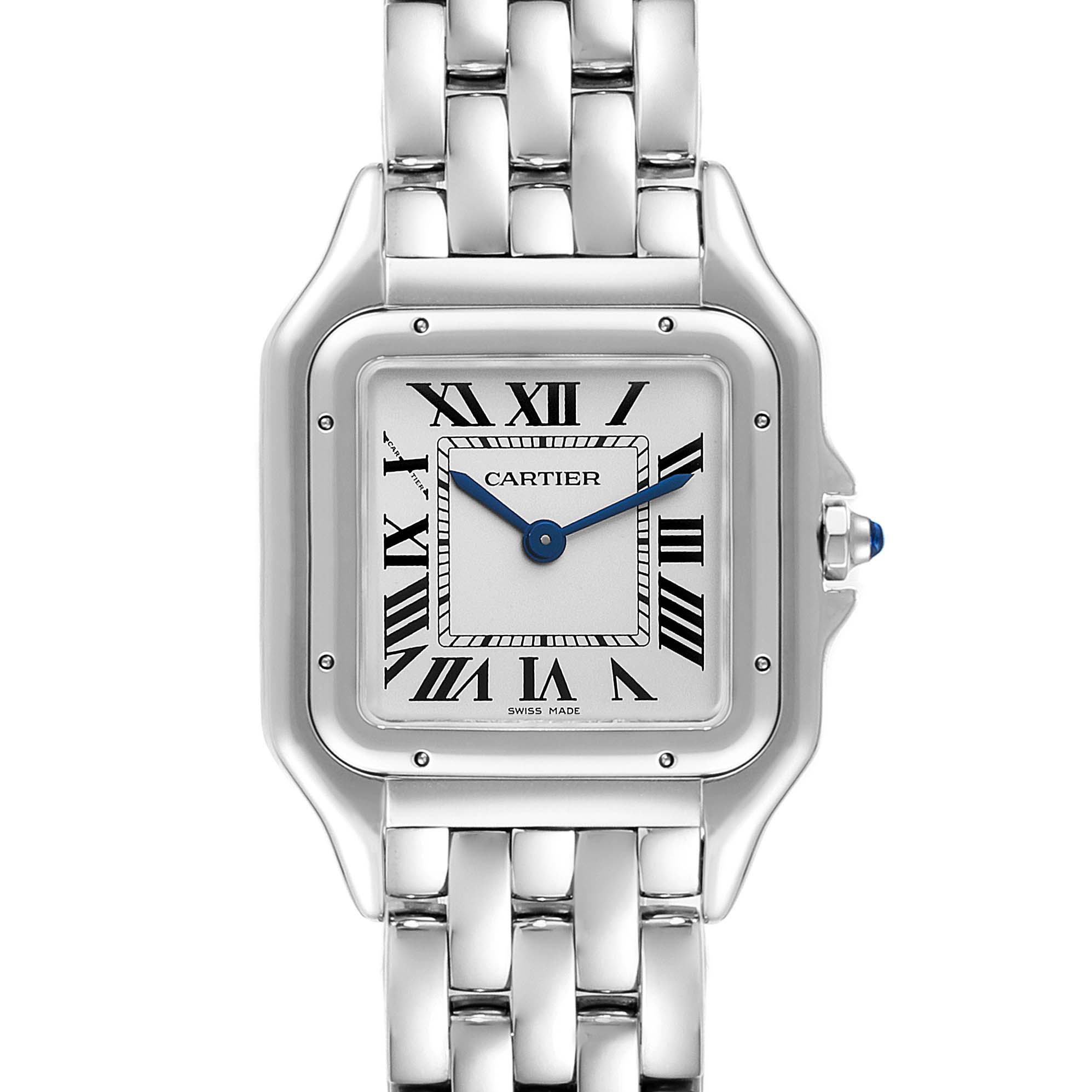 The image shows a front view of a Panthere model watch by Cartier, highlighting its face, bracelet, and crown.