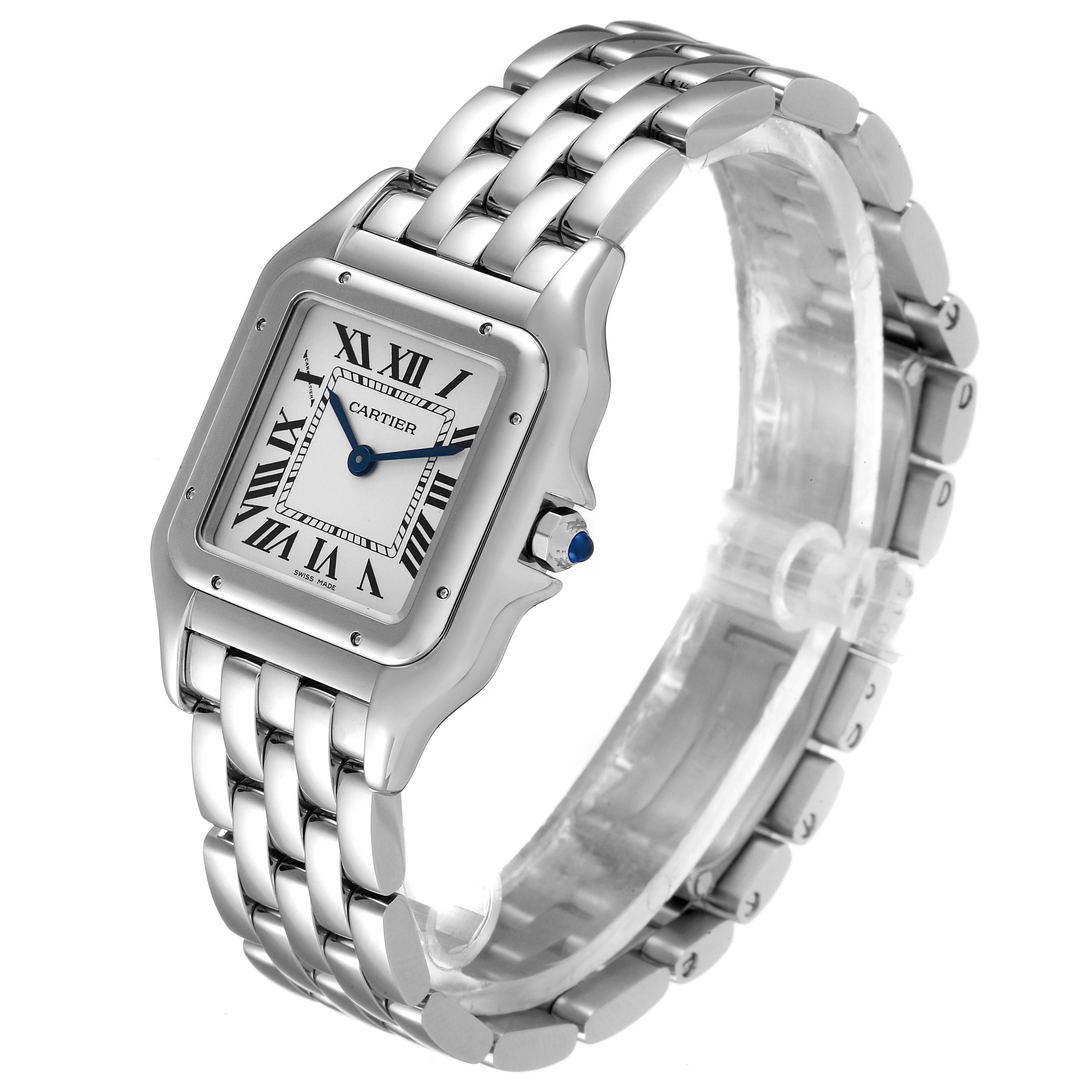 The image shows a Cartier Panthere WSPN0007 Women's Stainless Steel Silver Dial WSPN0007 Women's Stainless Steel Silver Dial model watch at a three-quarter angle, displaying its face, bezel, and bracelet.