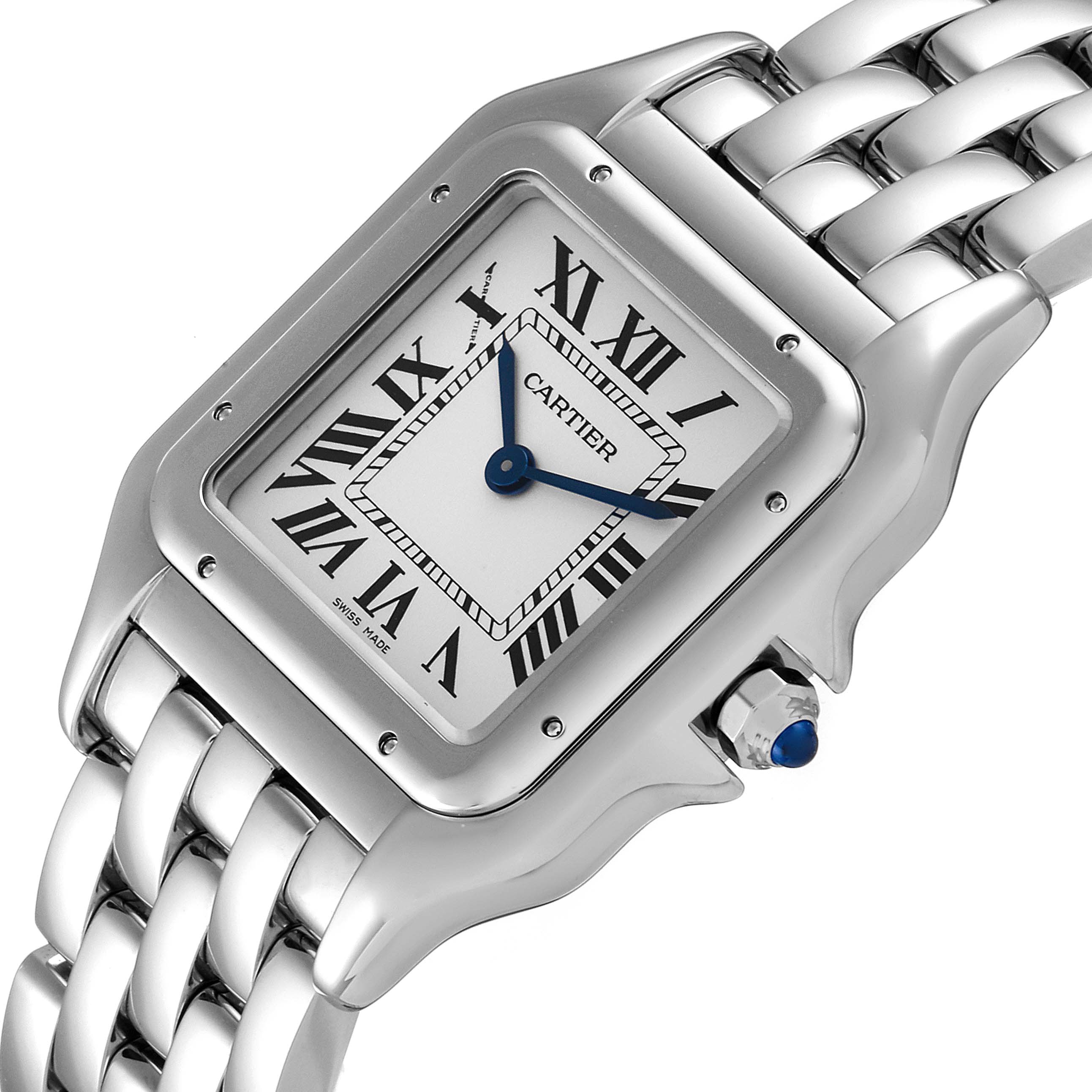 The image shows a close-up of the Cartier Panthere WSPN0007 Women's Stainless Steel Silver Dial WSPN0007 Women's Stainless Steel Silver Dial watch face, bezel, and part of the metal bracelet.