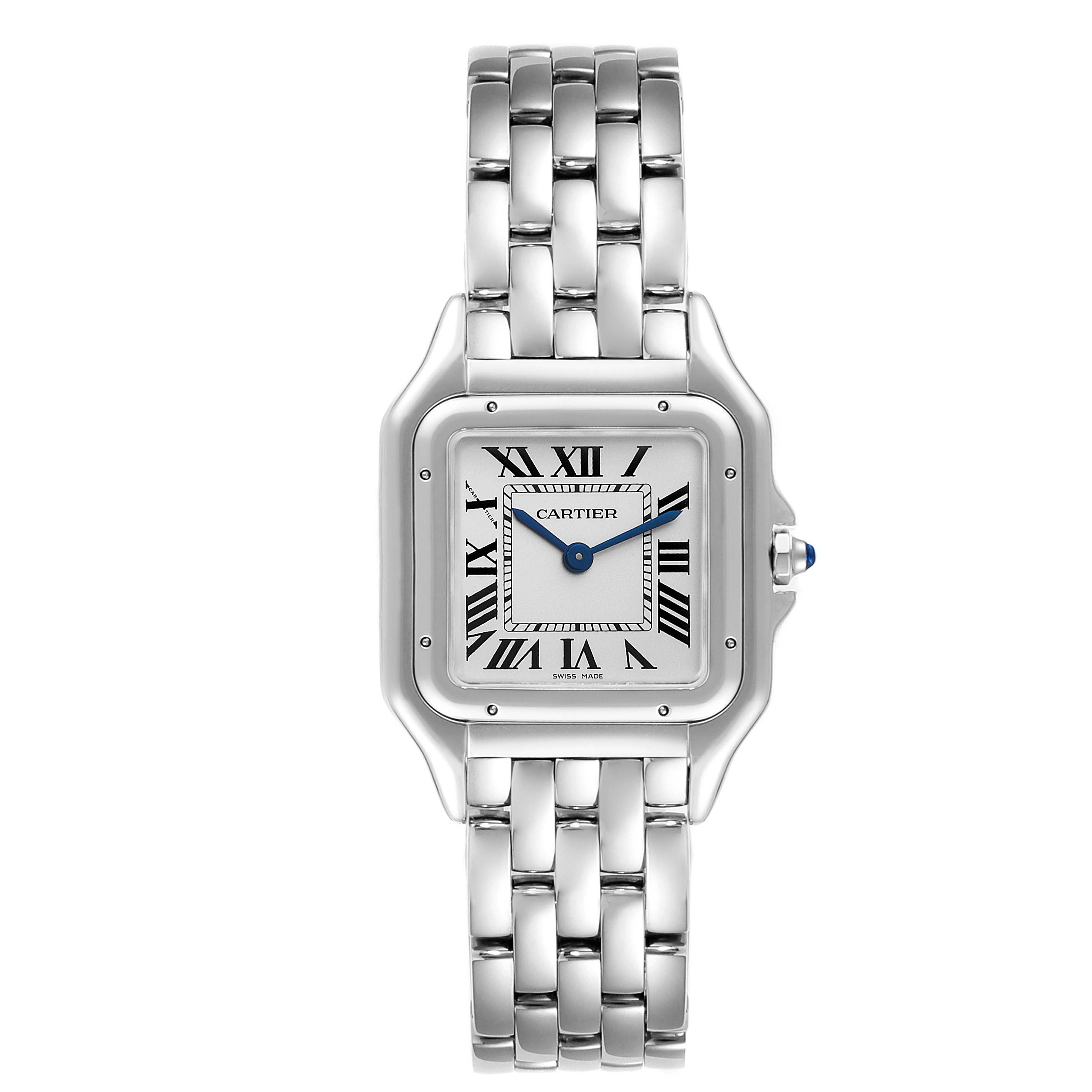 The image shows a front view of a Cartier Panthère watch, highlighting its silver bracelet and square face with Roman numerals.