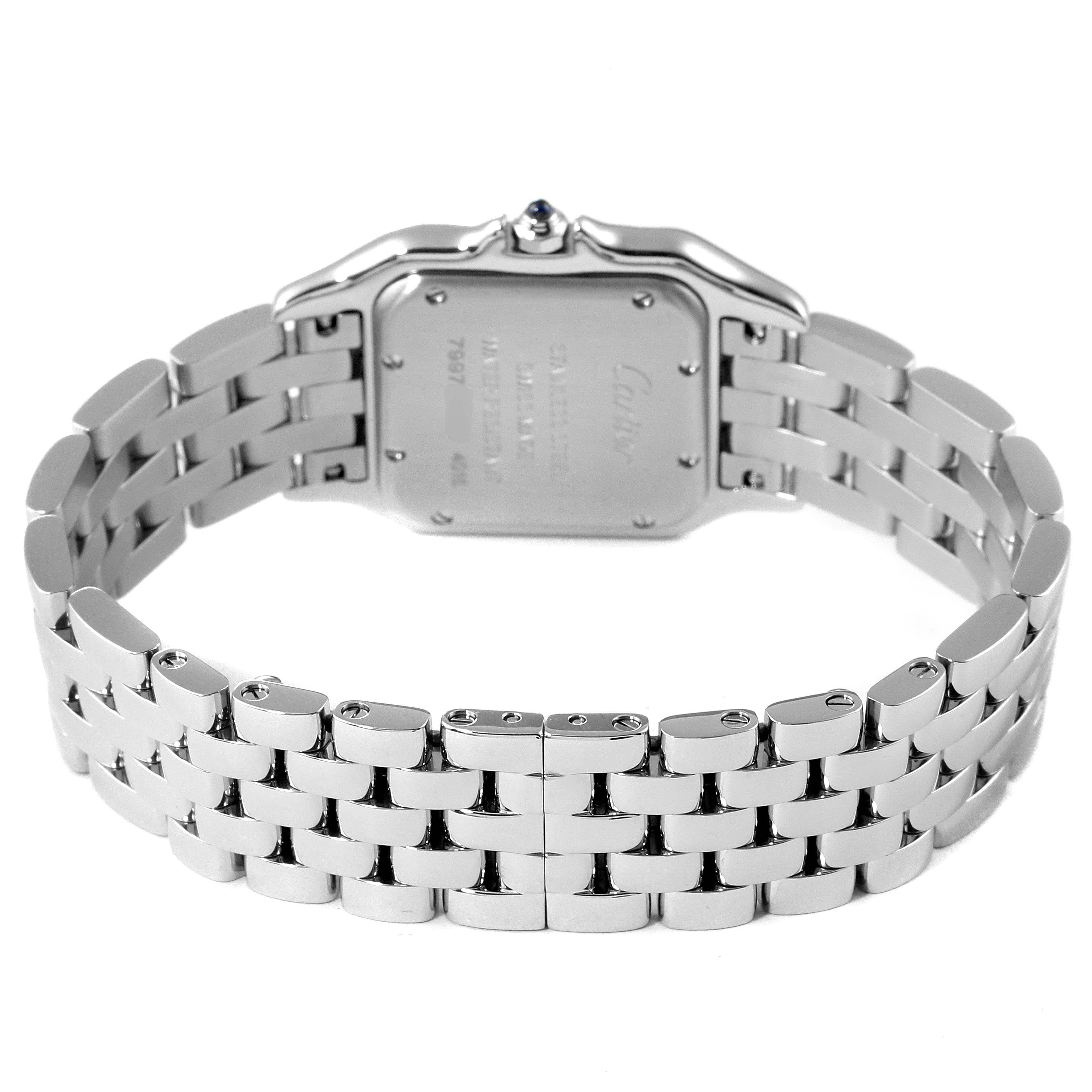 The image shows the back of the Cartier Panthere WSPN0007 Women's Stainless Steel Silver Dial WSPN0007 Women's Stainless Steel Silver Dial model watch, highlighting its metal bracelet and case back.