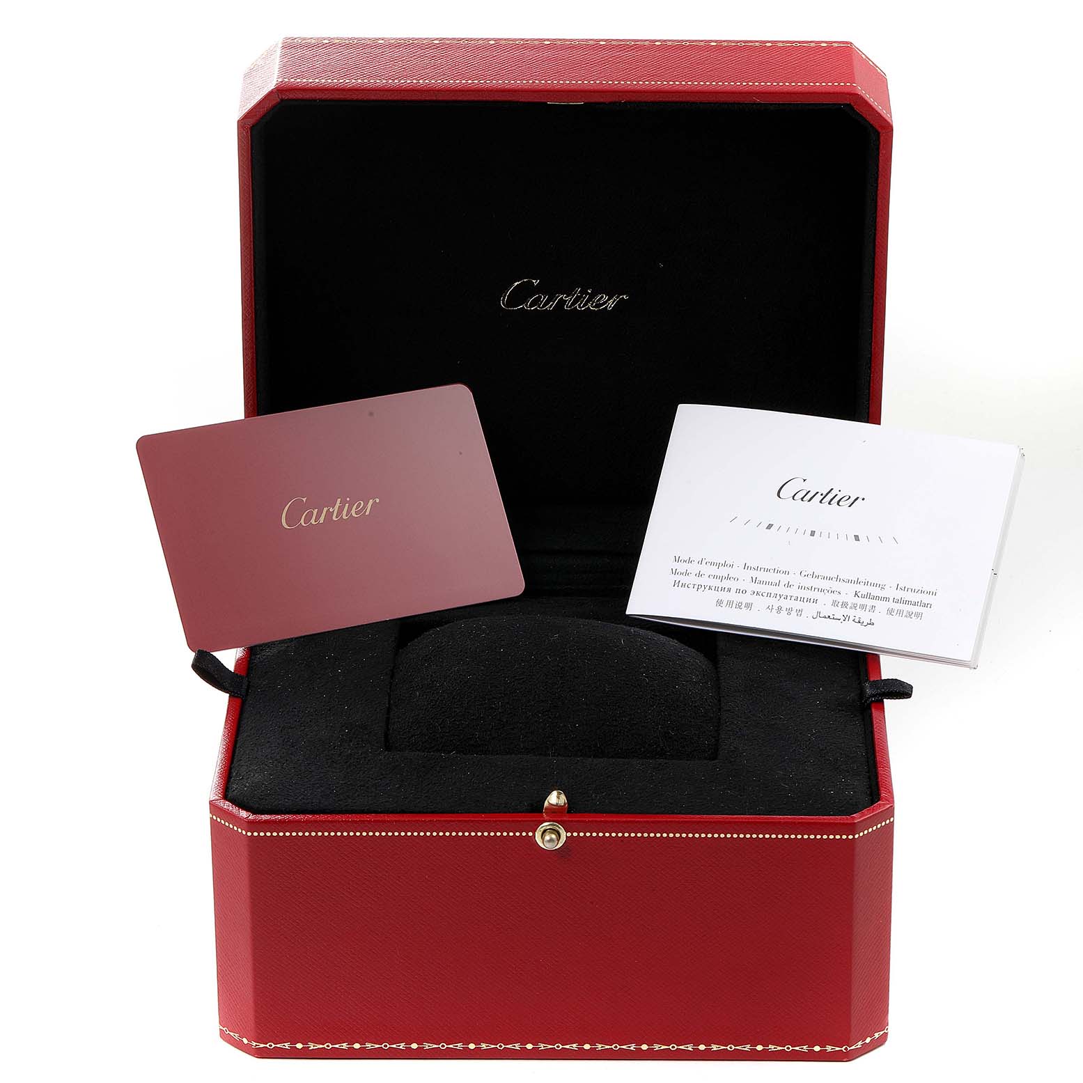 The image shows an open red Cartier box with accessories and documentation for the Panthere model watch.