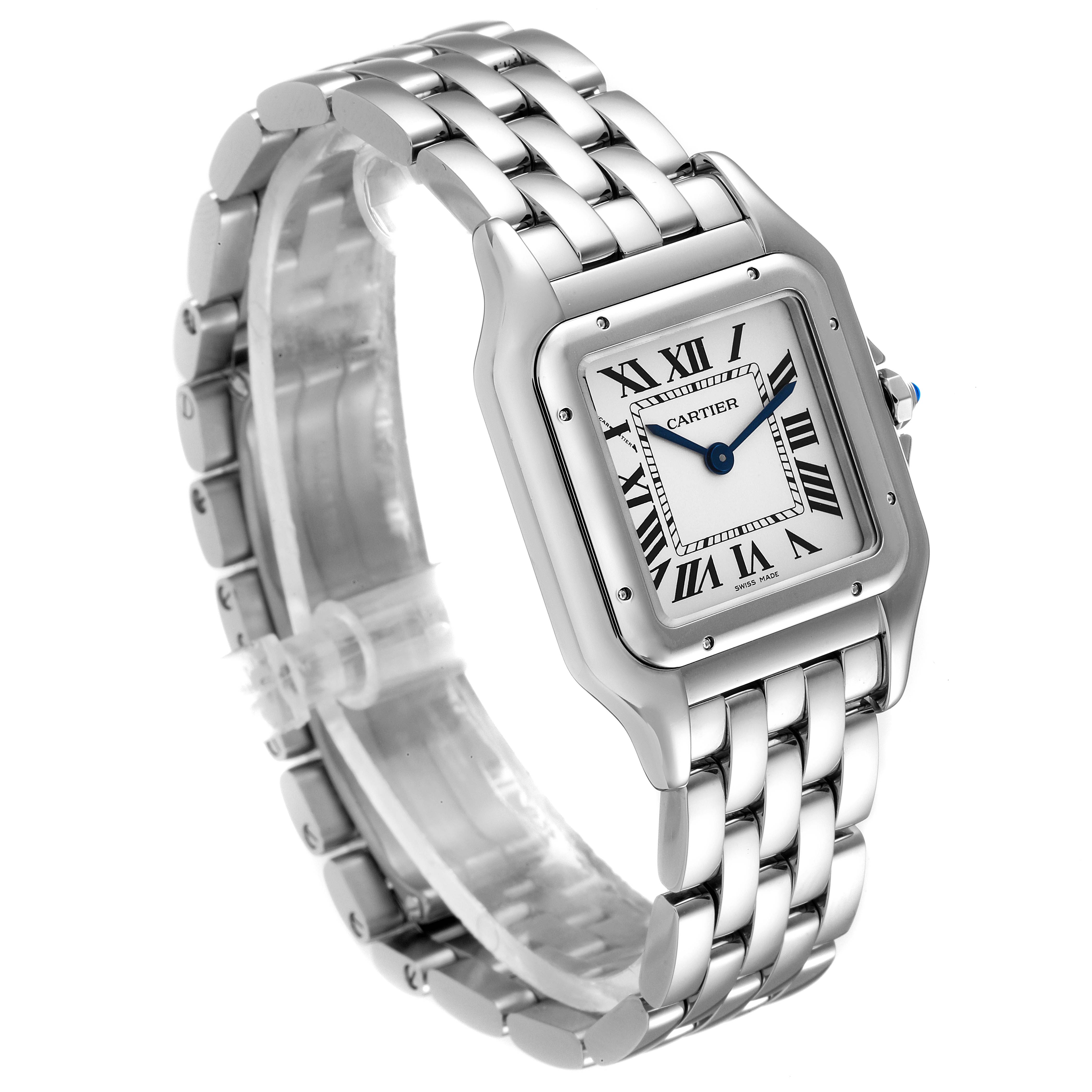 The image shows a Cartier Panthere WSPN0007 Women's Stainless Steel Silver Dial WSPN0007 Women's Stainless Steel Silver Dial model watch from a front angle, highlighting the face, bracelet, and bezel.