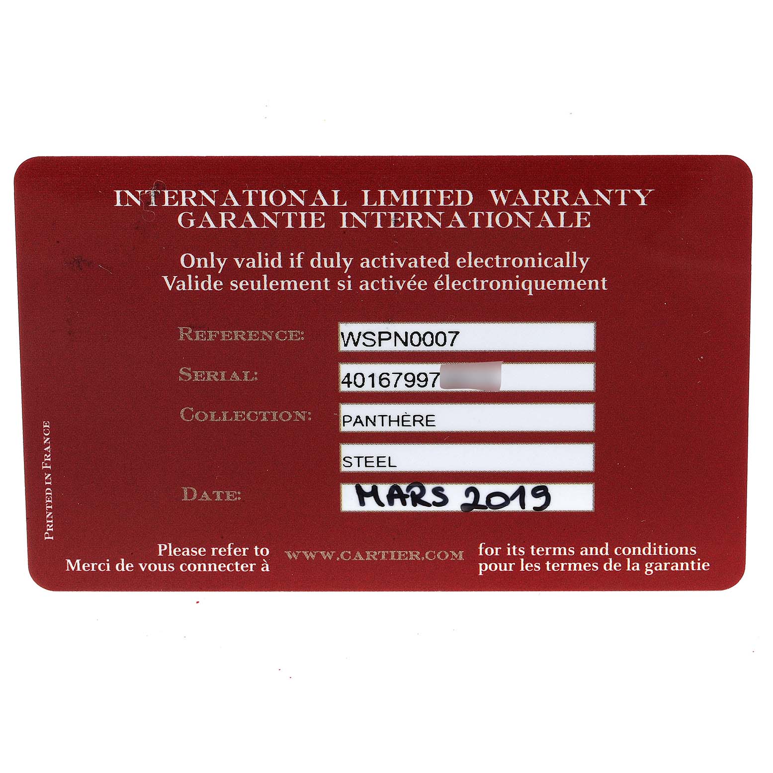 The image shows the International Limited Warranty card of the Cartier Panthère model watch.