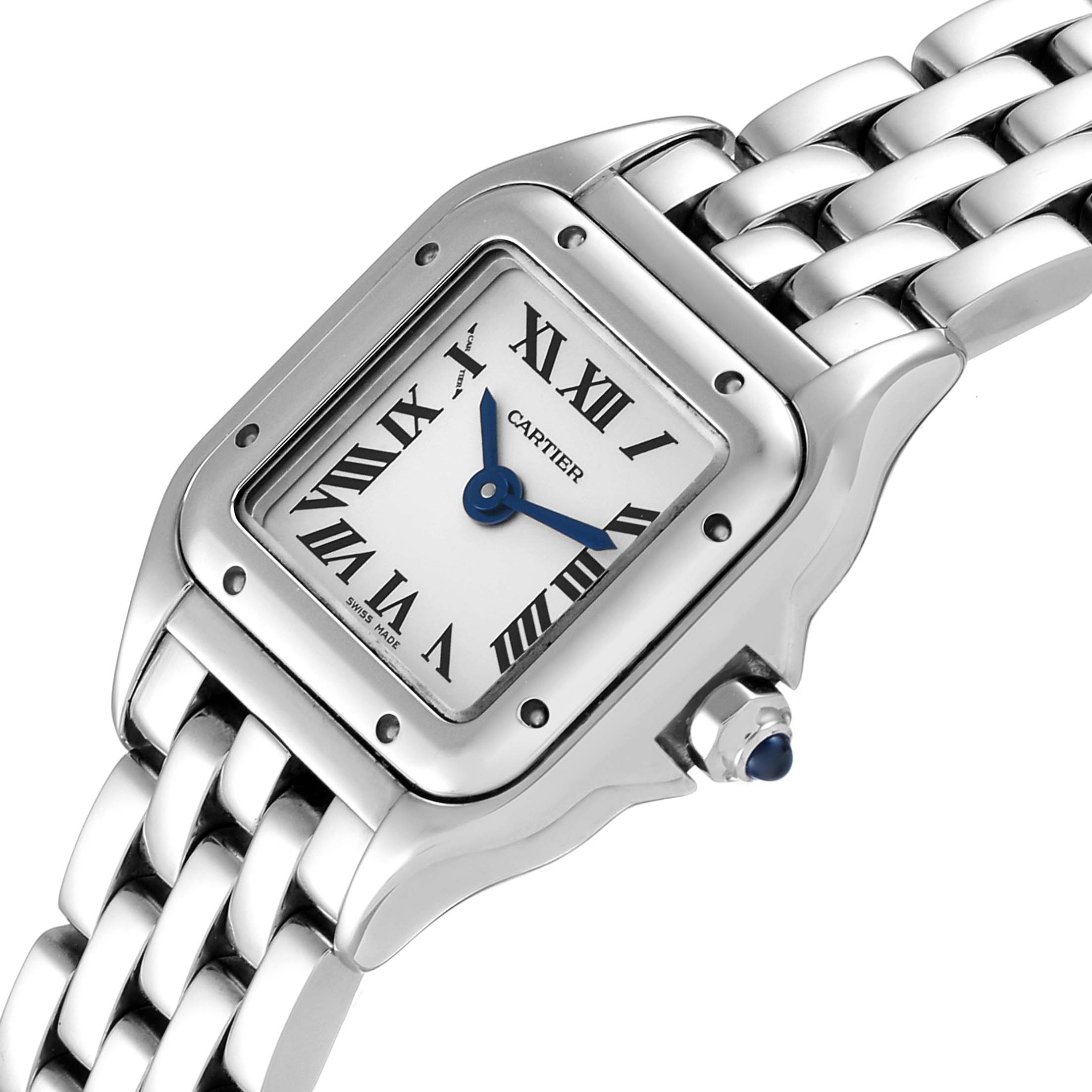 The Cartier Panthere WSPN0019 Women's Stainless Steel Silver Dial WSPN0019 Women's Stainless Steel Silver Dial watch is shown at an angled close-up, highlighting its face, Roman numerals, and a portion of the bracelet.