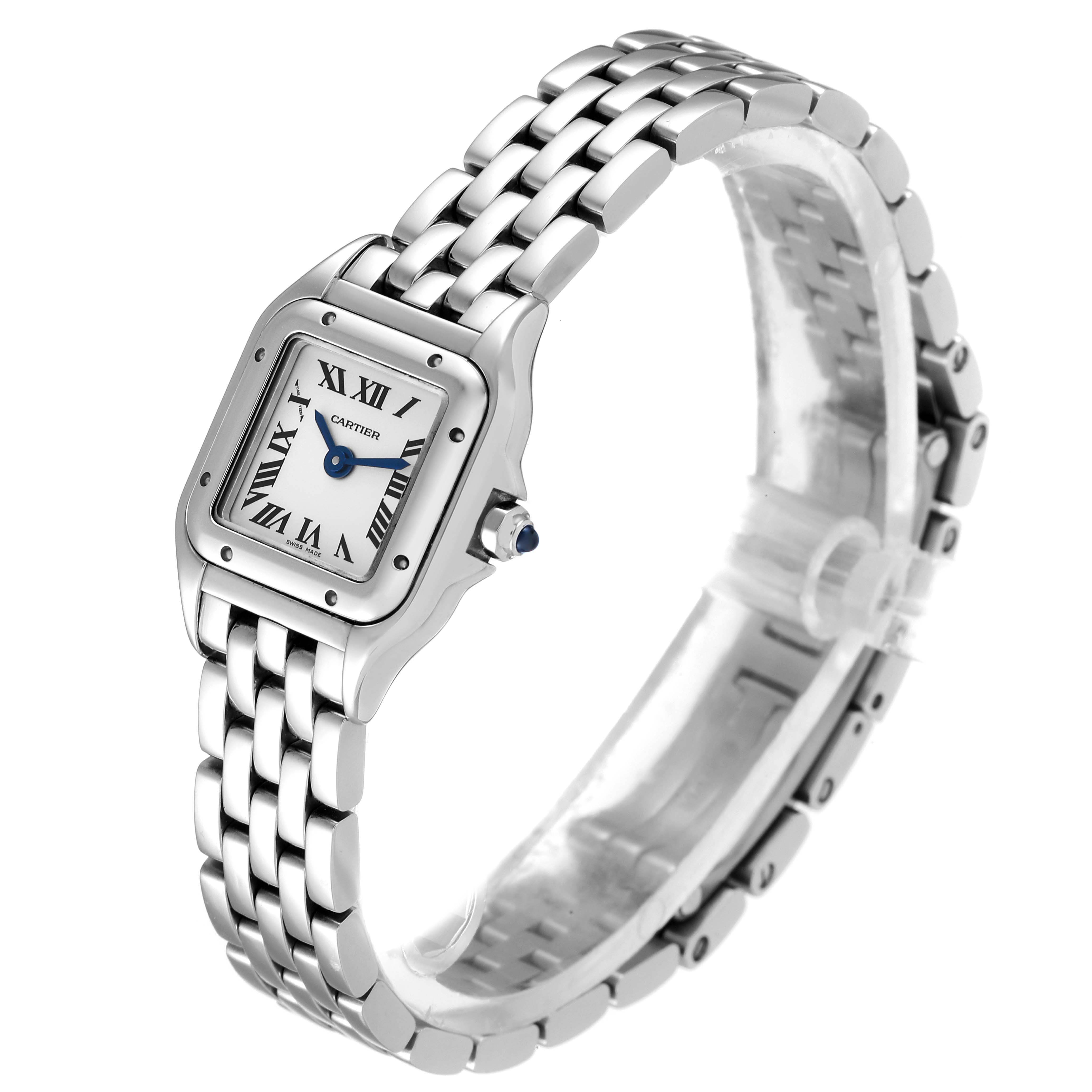 This image shows a Cartier Panthere WSPN0019 Women's Stainless Steel Silver Dial WSPN0019 Women's Stainless Steel Silver Dial watch from a side angle, highlighting the face, case, and metal bracelet.
