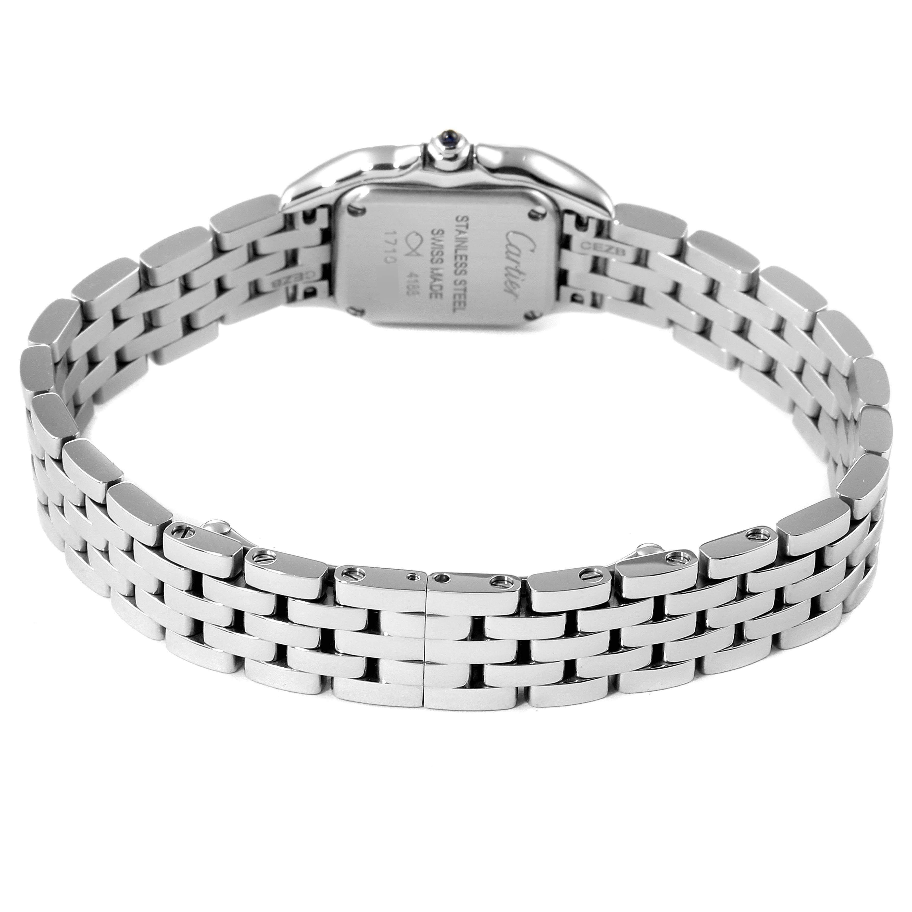 The image shows the backside of the bracelet and case back of a Cartier Panthere WSPN0019 Women's Stainless Steel Silver Dial WSPN0019 Women's Stainless Steel Silver Dial watch, highlighting the stainless steel links.