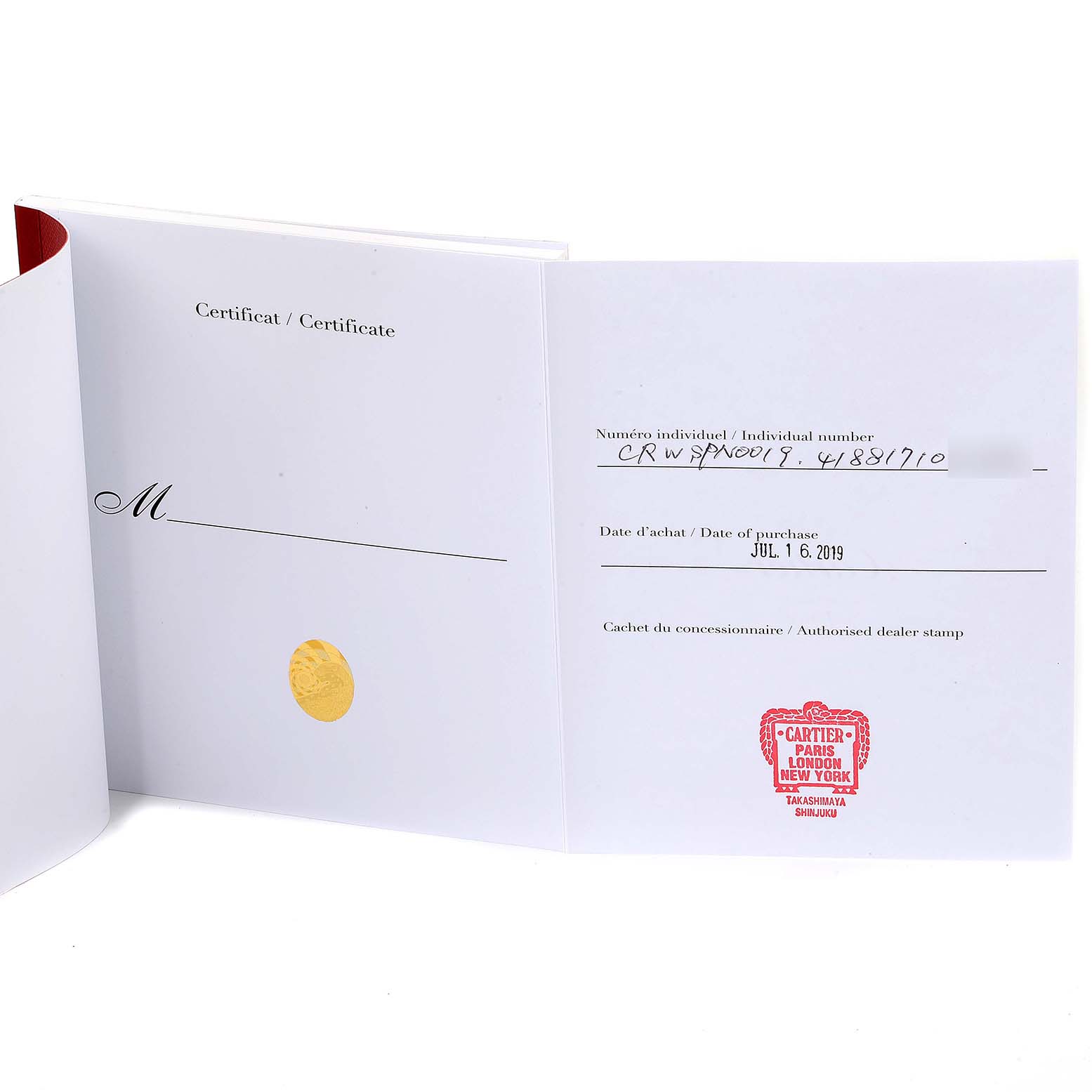 The image shows an open certificate booklet with purchase details for a Cartier Panthere WSPN0019 Women's Stainless Steel Silver Dial WSPN0019 Women's Stainless Steel Silver Dial model watch.