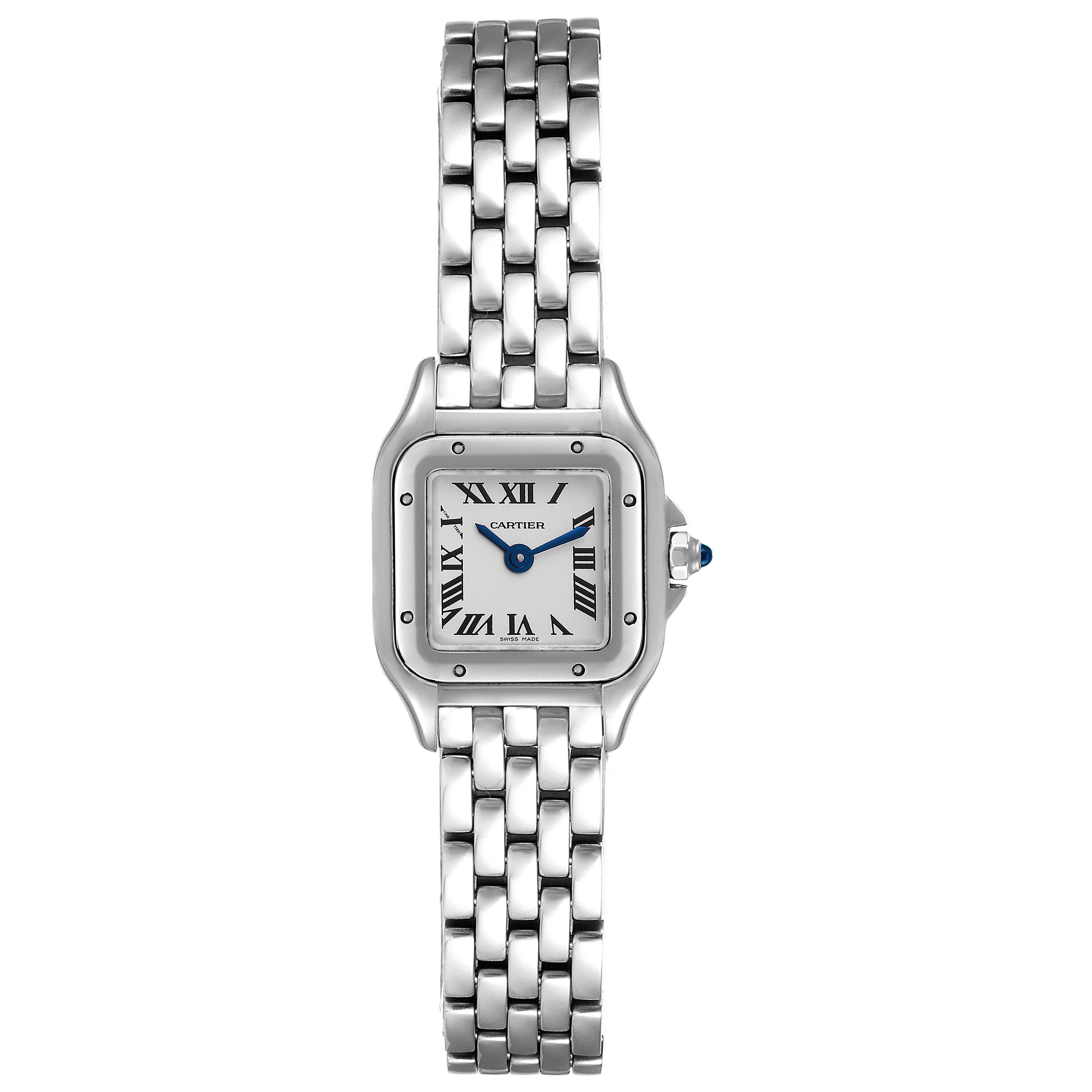 The image shows a front view of the Cartier Panthere WSPN0019 Women's Stainless Steel Silver Dial WSPN0019 Women's Stainless Steel Silver Dial watch, displaying the face, case, and bracelet.