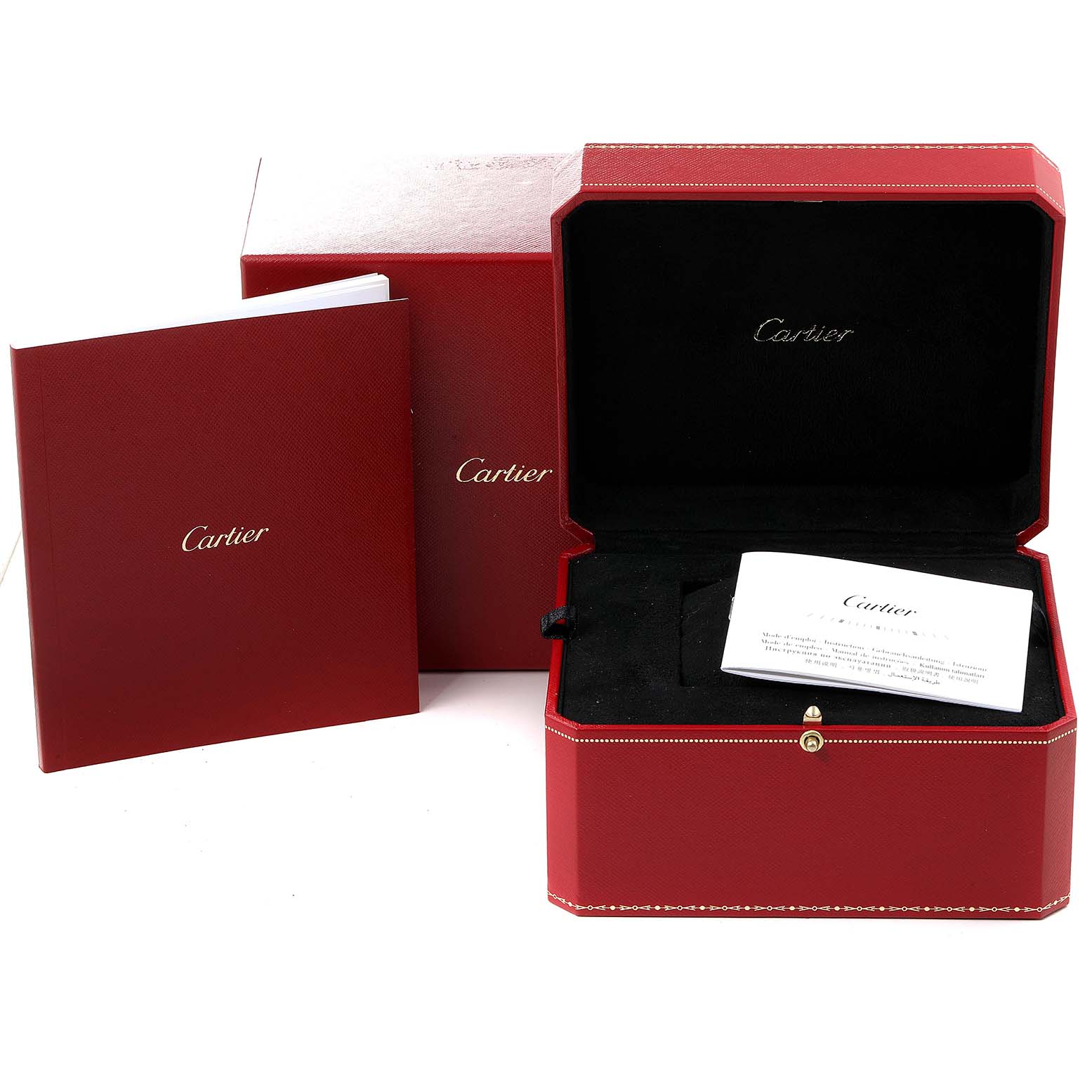 This image features the packaging and accessories of a Cartier Panthère watch, including a red box, booklet, and warranty card.