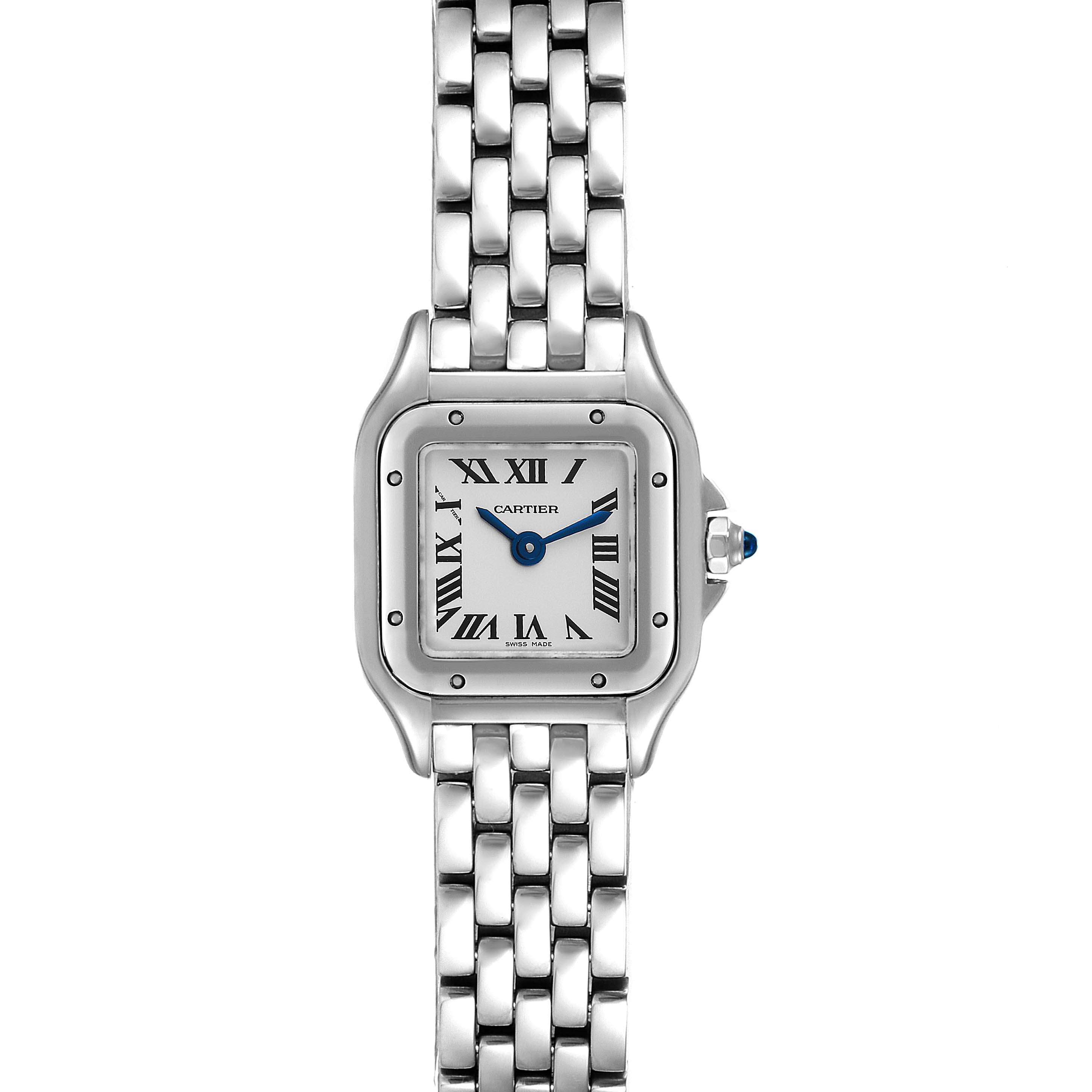 This image shows a front view of a Cartier Panthere WSPN0019 Women's Stainless Steel Silver Dial WSPN0019 Women's Stainless Steel Silver Dial model watch, displaying its face, bezel, and stainless steel bracelet.