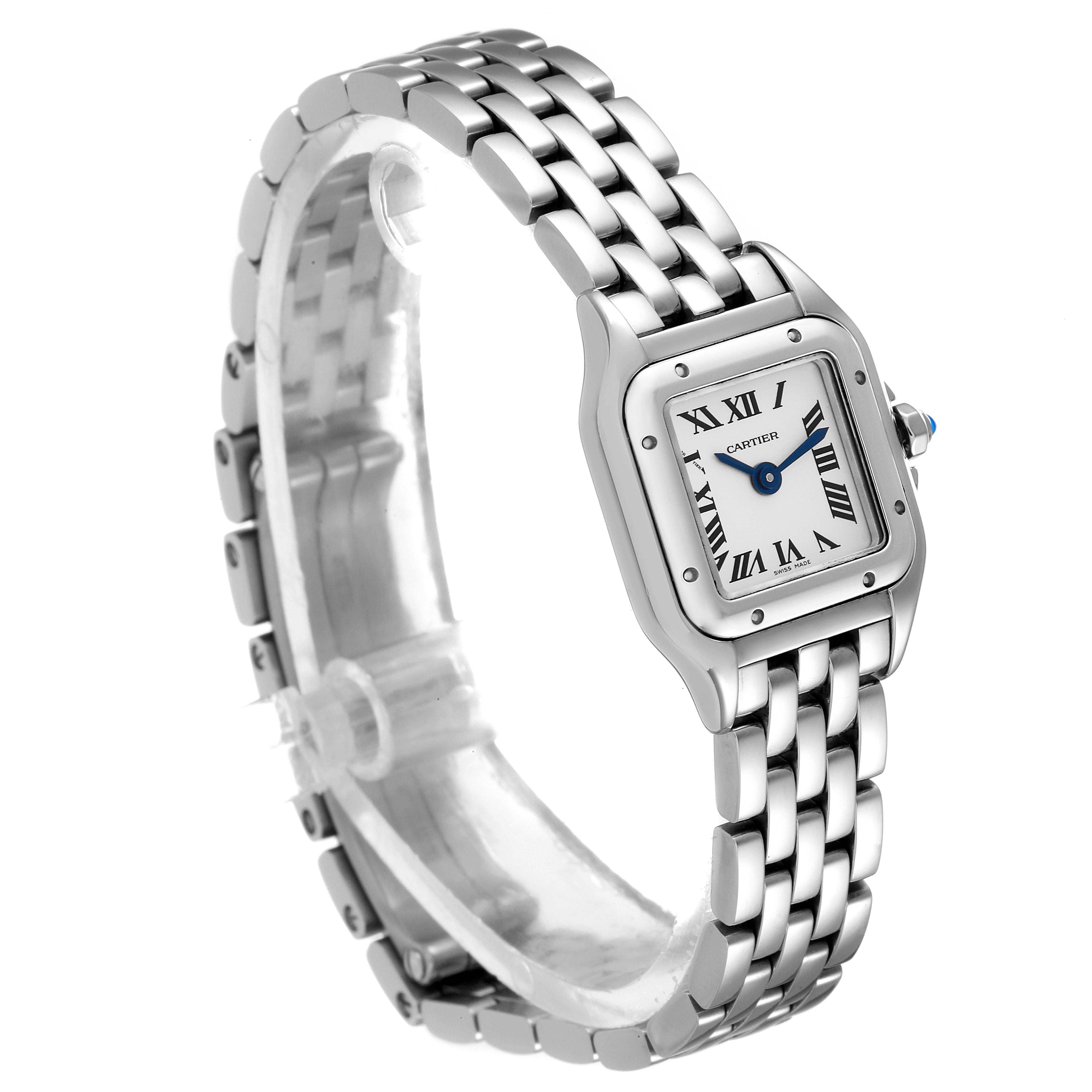 The image shows a Cartier Panthere WSPN0019 Women's Stainless Steel Silver Dial WSPN0019 Women's Stainless Steel Silver Dial watch at a slight angle, highlighting its stainless steel bracelet and square face with Roman numerals.