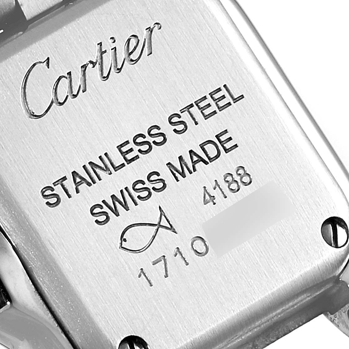 The image shows the back of the stainless steel case of a Cartier Panthere WSPN0019 Women's Stainless Steel Silver Dial WSPN0019 Women's Stainless Steel Silver Dial watch.