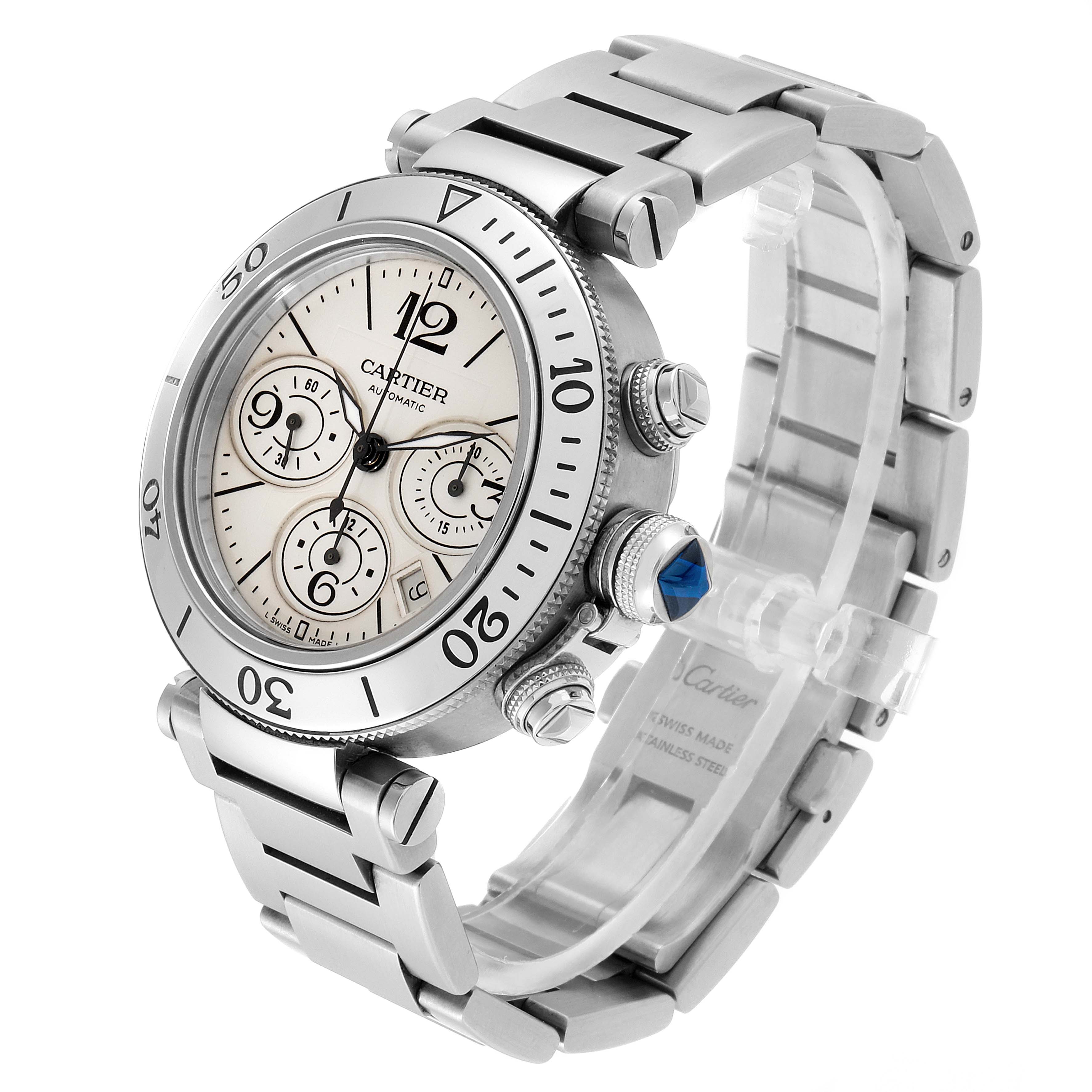 The image shows a Cartier Pasha W31089M7 Men's Stainless Steel Silver Dial W31089M7 Men's Stainless Steel Silver Dial watch at a three-quarter angle, highlighting the face, bezel, crown, and bracelet.