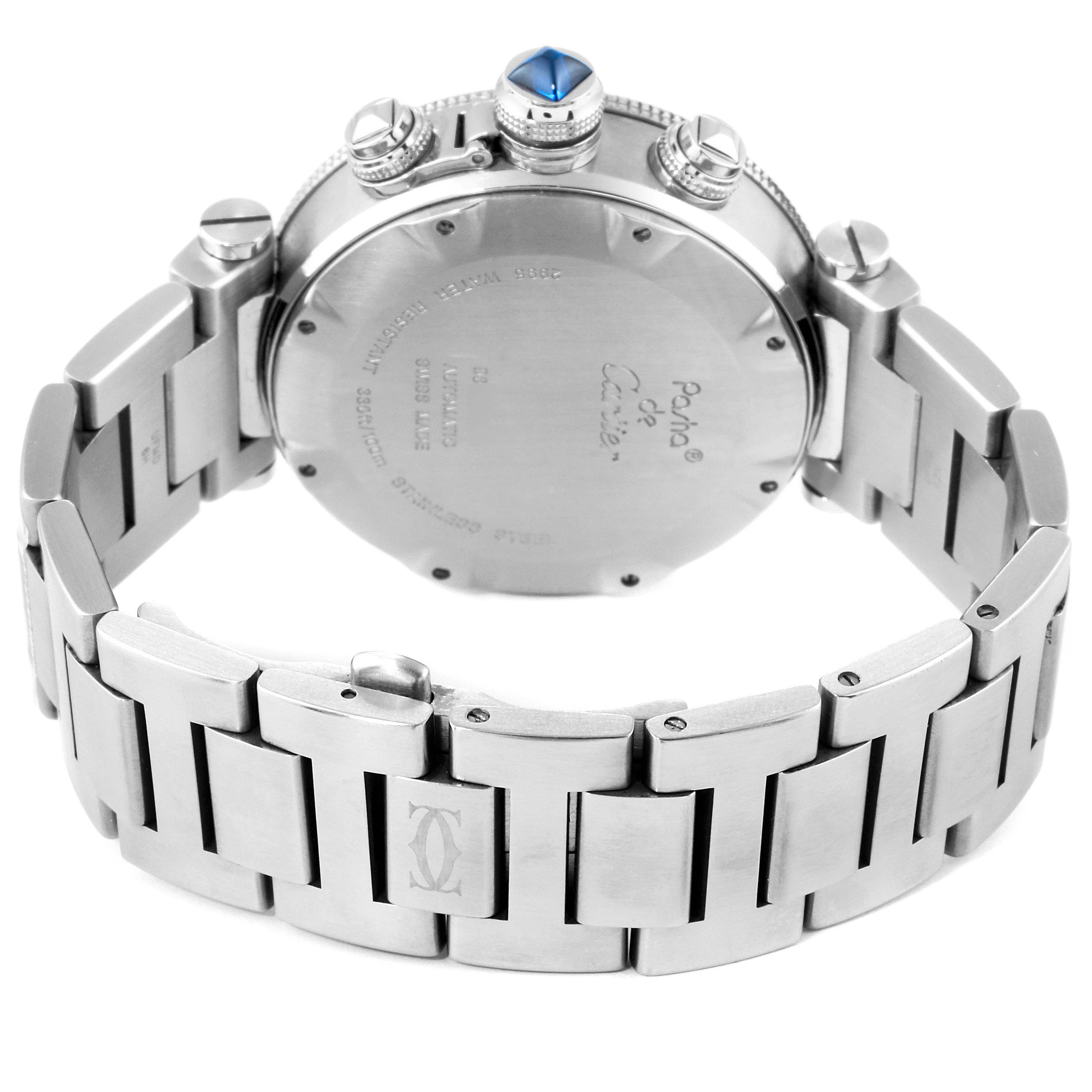 This image shows the back and bracelet of a Cartier Pasha W31089M7 Men's Stainless Steel Silver Dial W31089M7 Men's Stainless Steel Silver Dial watch, focusing on the clasp and caseback details.