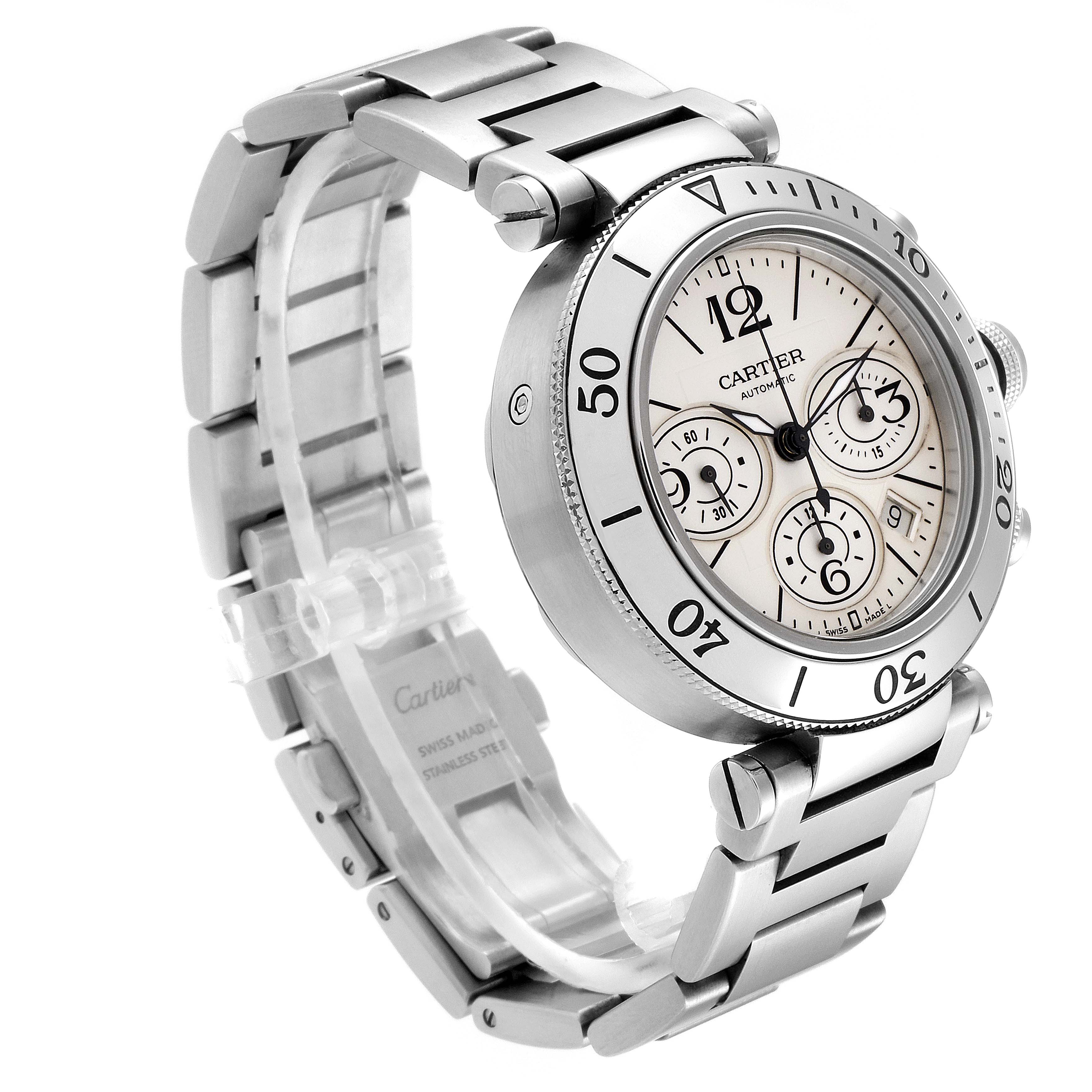 The Cartier Pasha W31089M7 Men's Stainless Steel Silver Dial W31089M7 Men's Stainless Steel Silver Dial watch is shown at a front-left angle, displaying its face, bezel, and a portion of its bracelet.