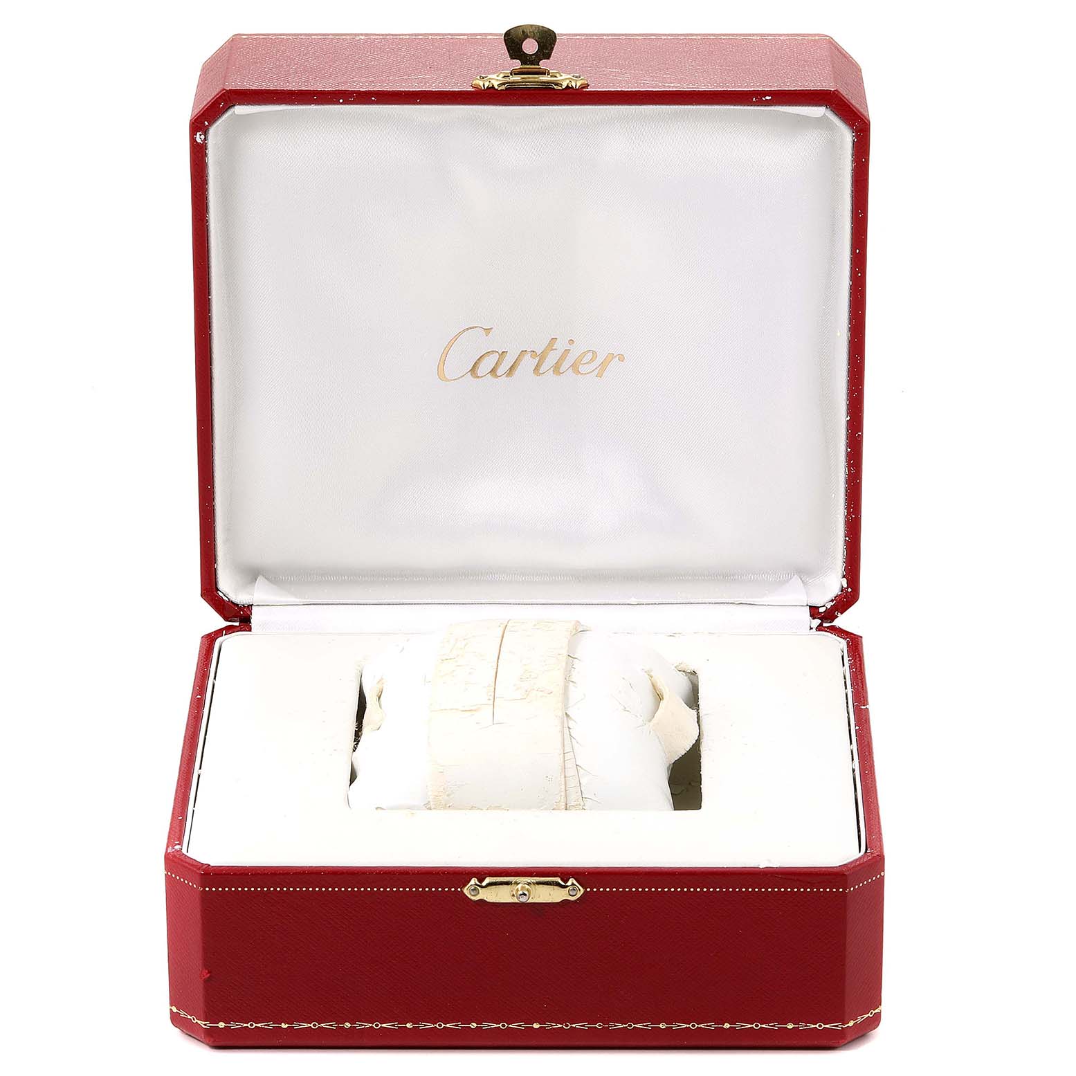 The image shows an open red Cartier box for the Pasha model watch, displaying the interior packaging without the watch.