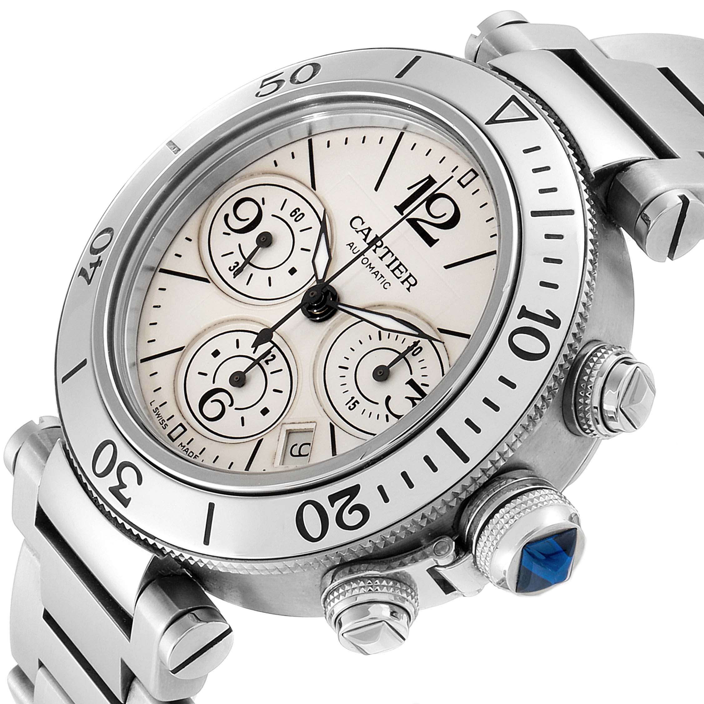 The Cartier Pasha W31089M7 Men's Stainless Steel Silver Dial W31089M7 Men's Stainless Steel Silver Dial watch is shown in a close-up angled view, highlighting its dial, crown, bezel, and bracelet.