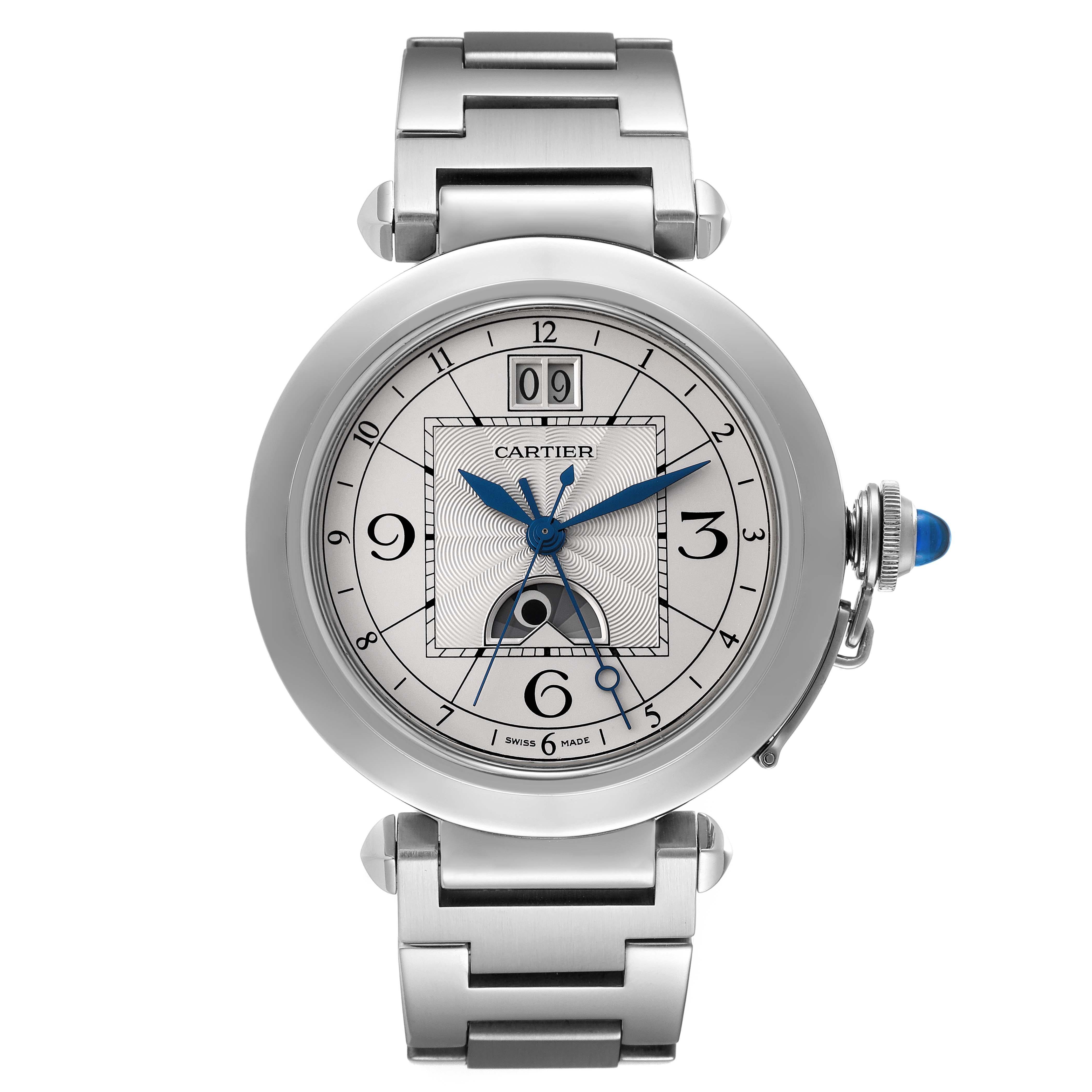 This Cartier Pasha W31093M7 Men's Stainless Steel Silver Dial W31093M7 Men's Stainless Steel Silver Dial watch is shown from a front angle highlighting its face, bezel, crown, and bracelet.