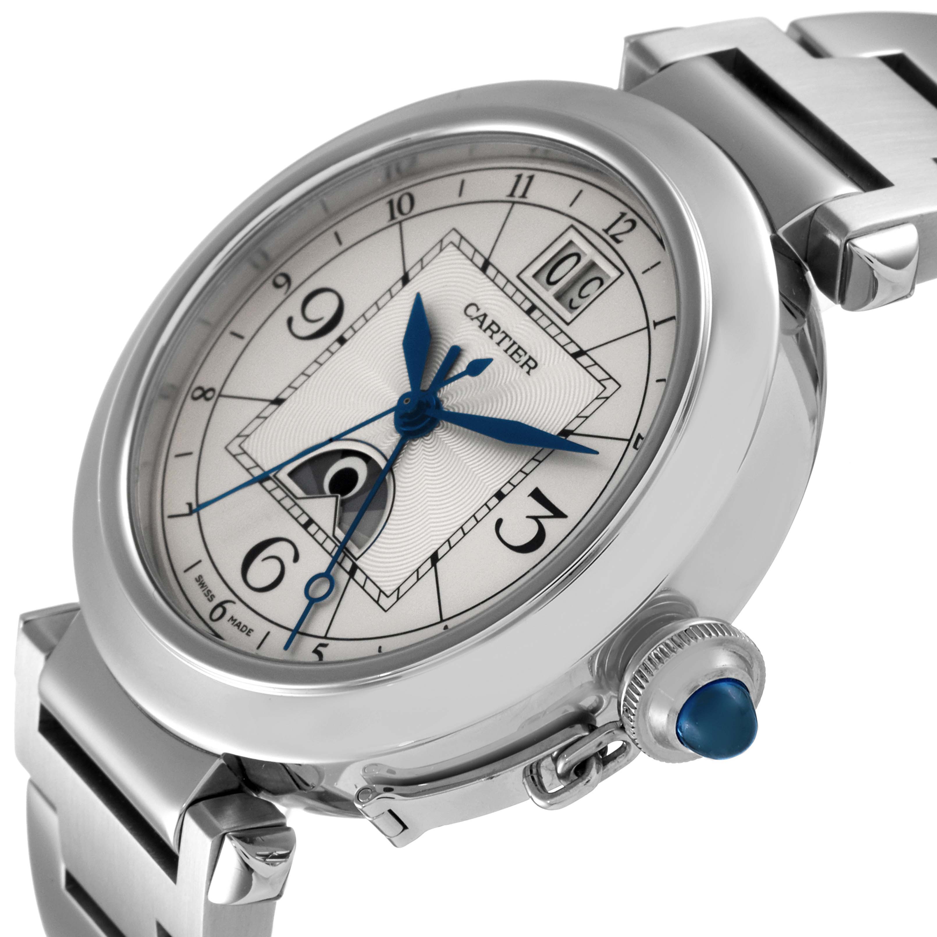 This image shows a Cartier Pasha W31093M7 Men's Stainless Steel Silver Dial W31093M7 Men's Stainless Steel Silver Dial watch from an oblique angle, highlighting the face, crown, and metal bracelet.