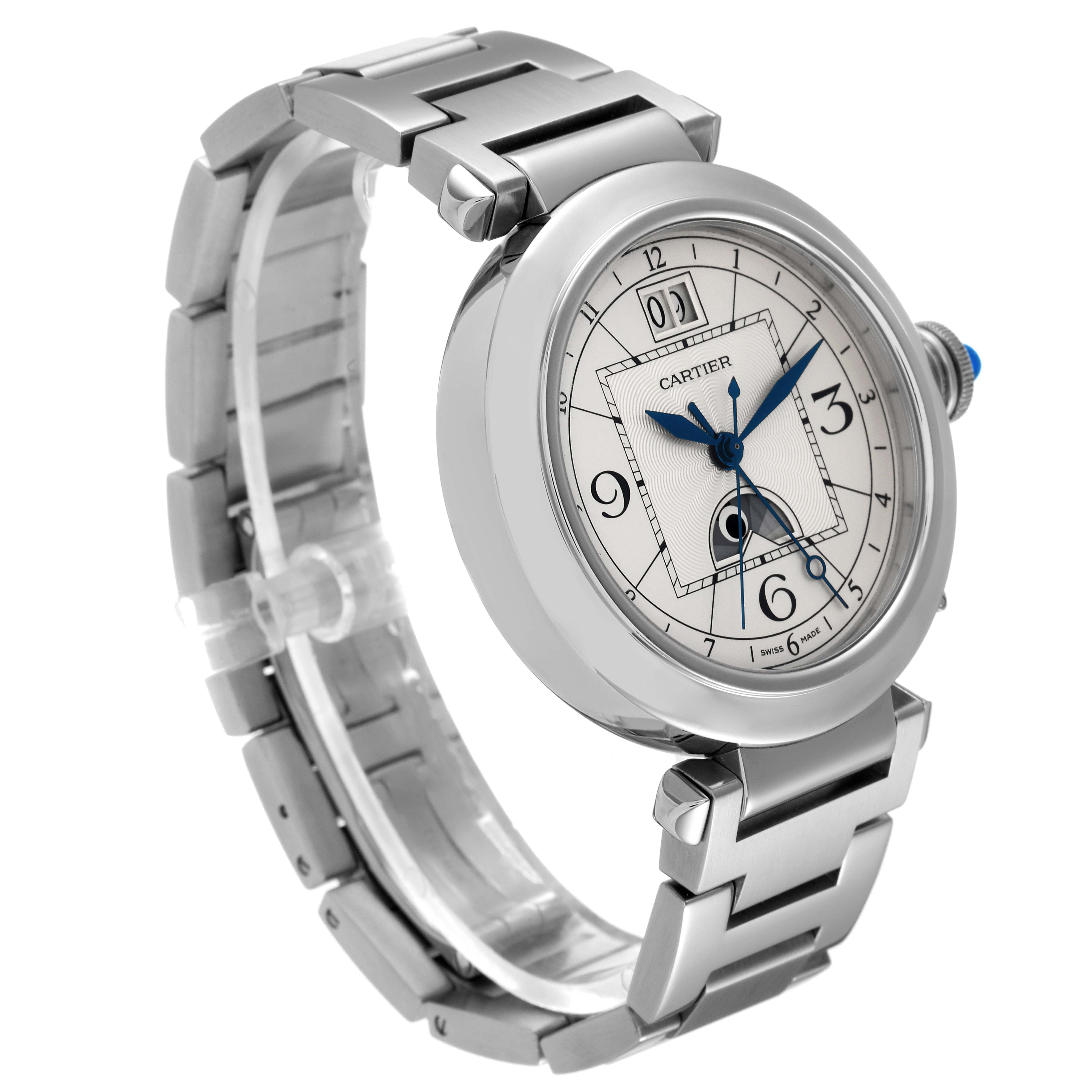 The Cartier Pasha W31093M7 Men's Stainless Steel Silver Dial W31093M7 Men's Stainless Steel Silver Dial watch is shown at a three-quarter angle, displaying the face, crown, and bracelet.