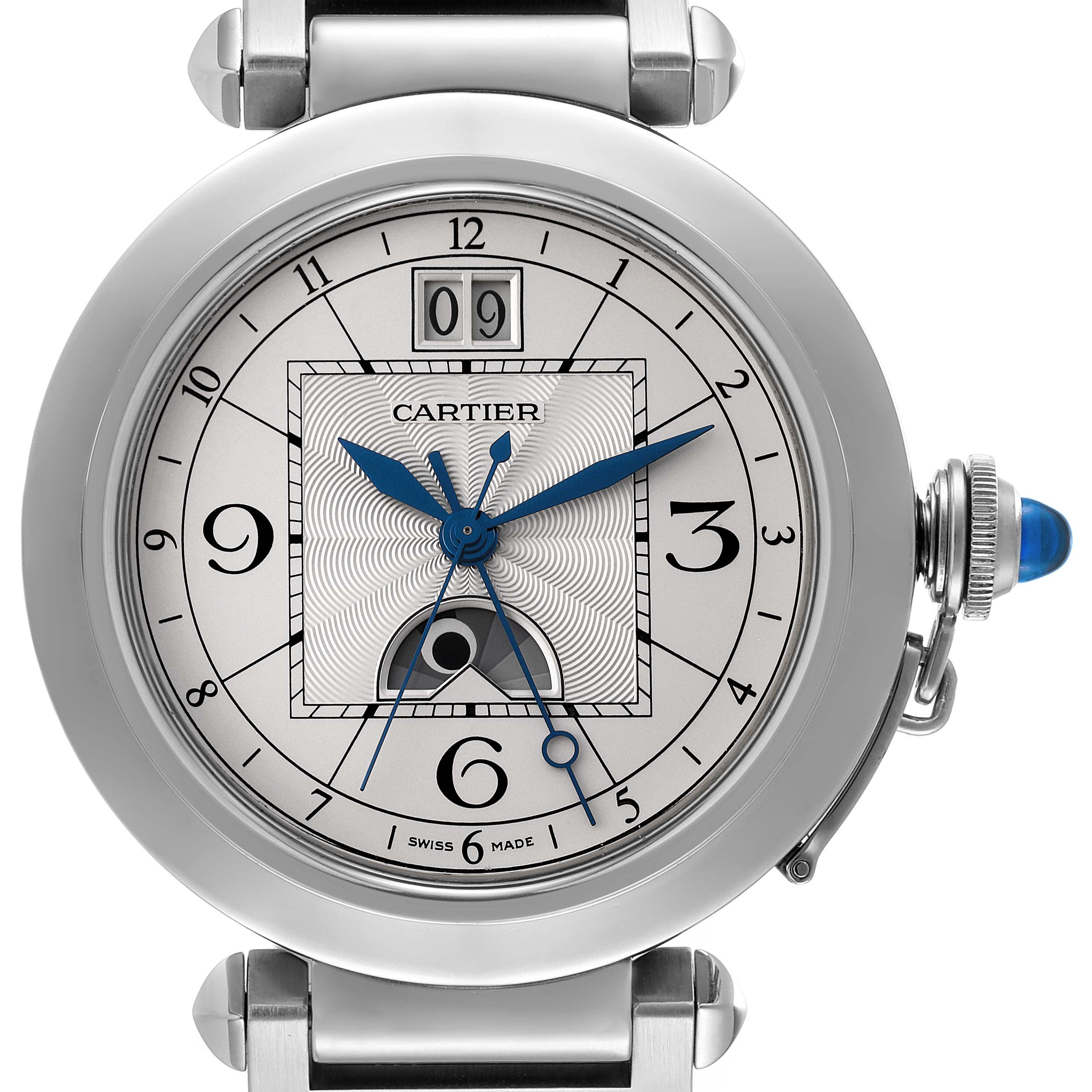 This image shows a front view of the Pasha model watch by Cartier, highlighting its face, numerals, and crown.