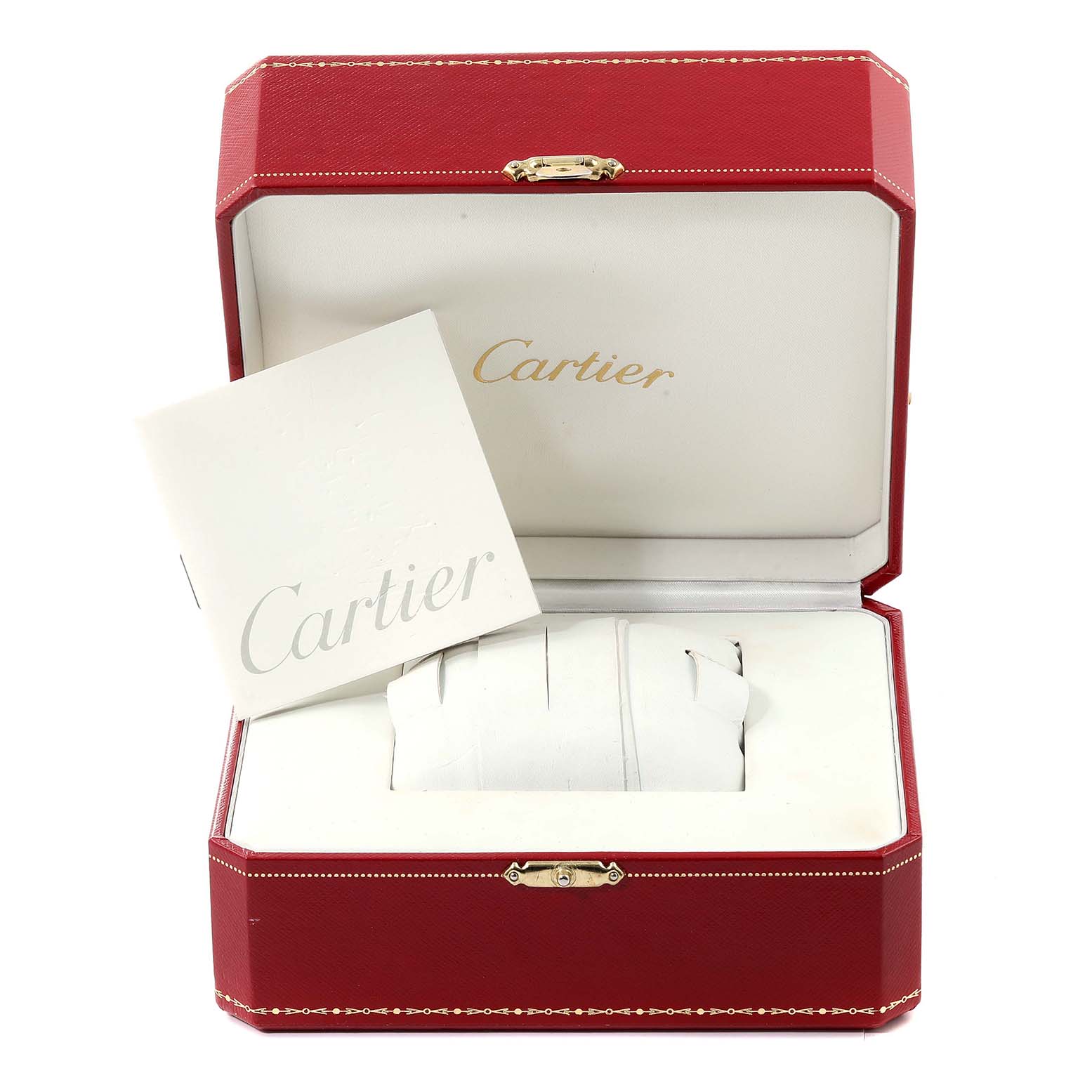 The image shows an open red Cartier box with a cushion and Cartier booklet for the Pasha model watch.