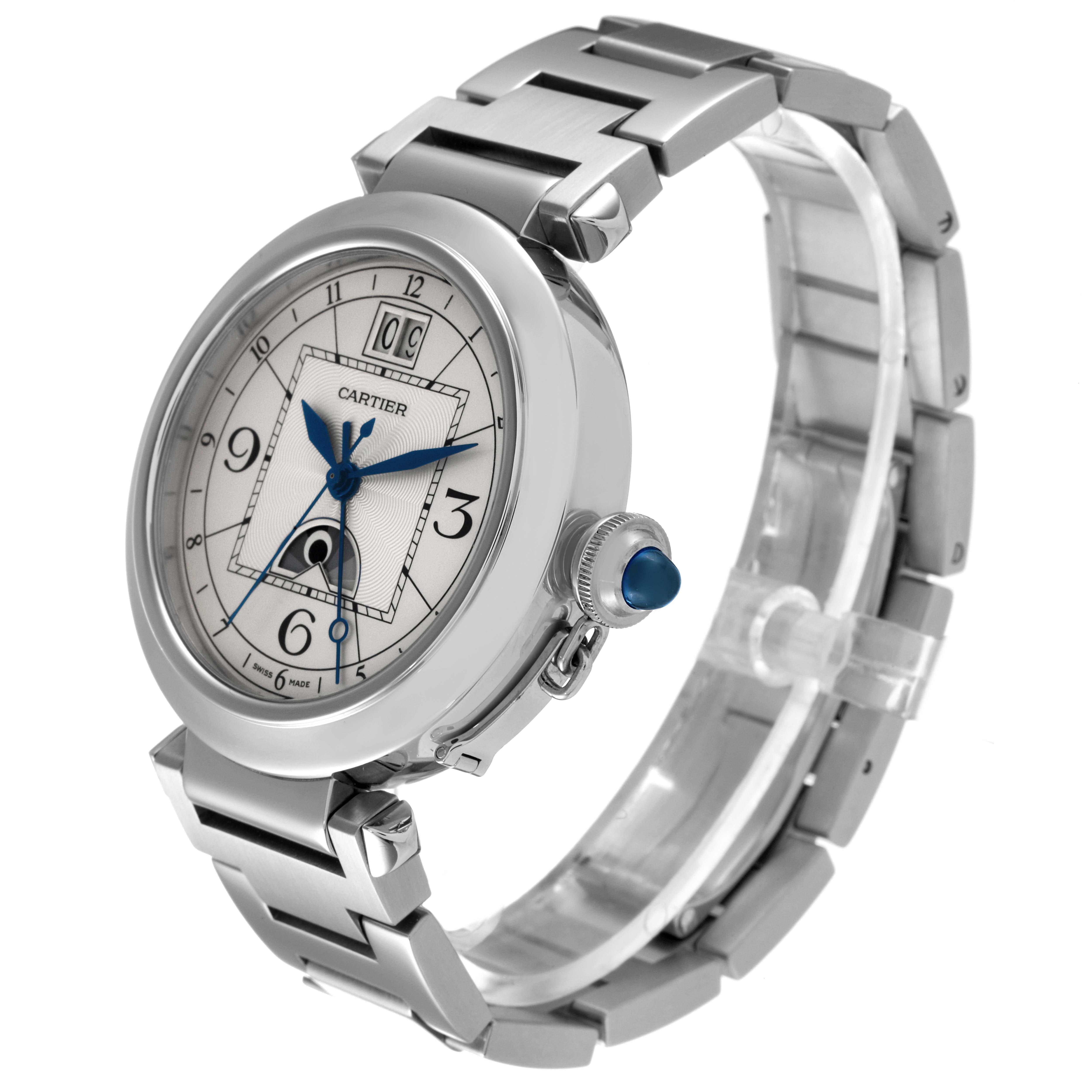 The Cartier Pasha W31093M7 Men's Stainless Steel Silver Dial W31093M7 Men's Stainless Steel Silver Dial watch is shown from an angled perspective, highlighting the face, crown, and bracelet.