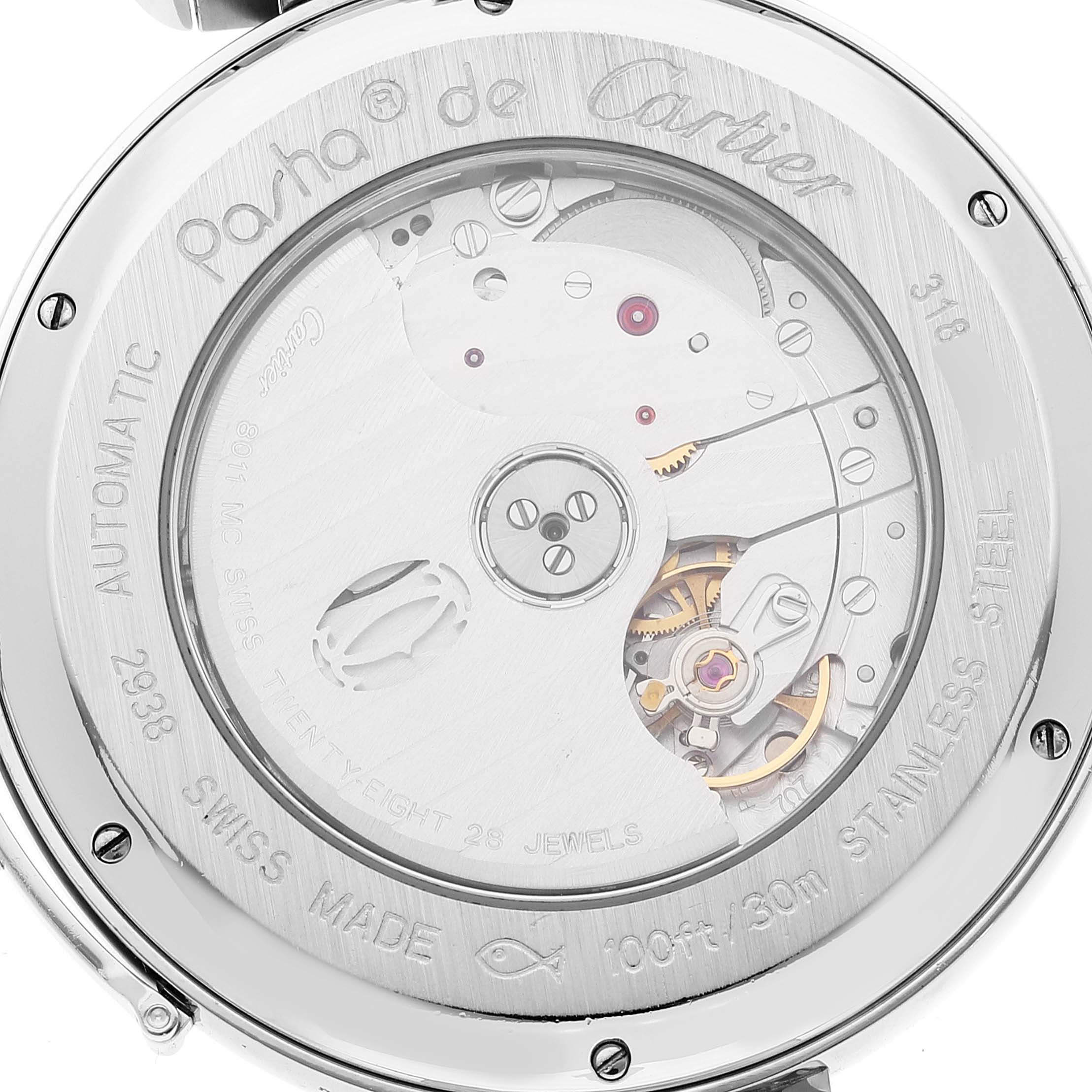 This image shows the back of the Cartier Pasha W31093M7 Men's Stainless Steel Silver Dial W31093M7 Men's Stainless Steel Silver Dial watch, highlighting its automatic movement and inner mechanical components.