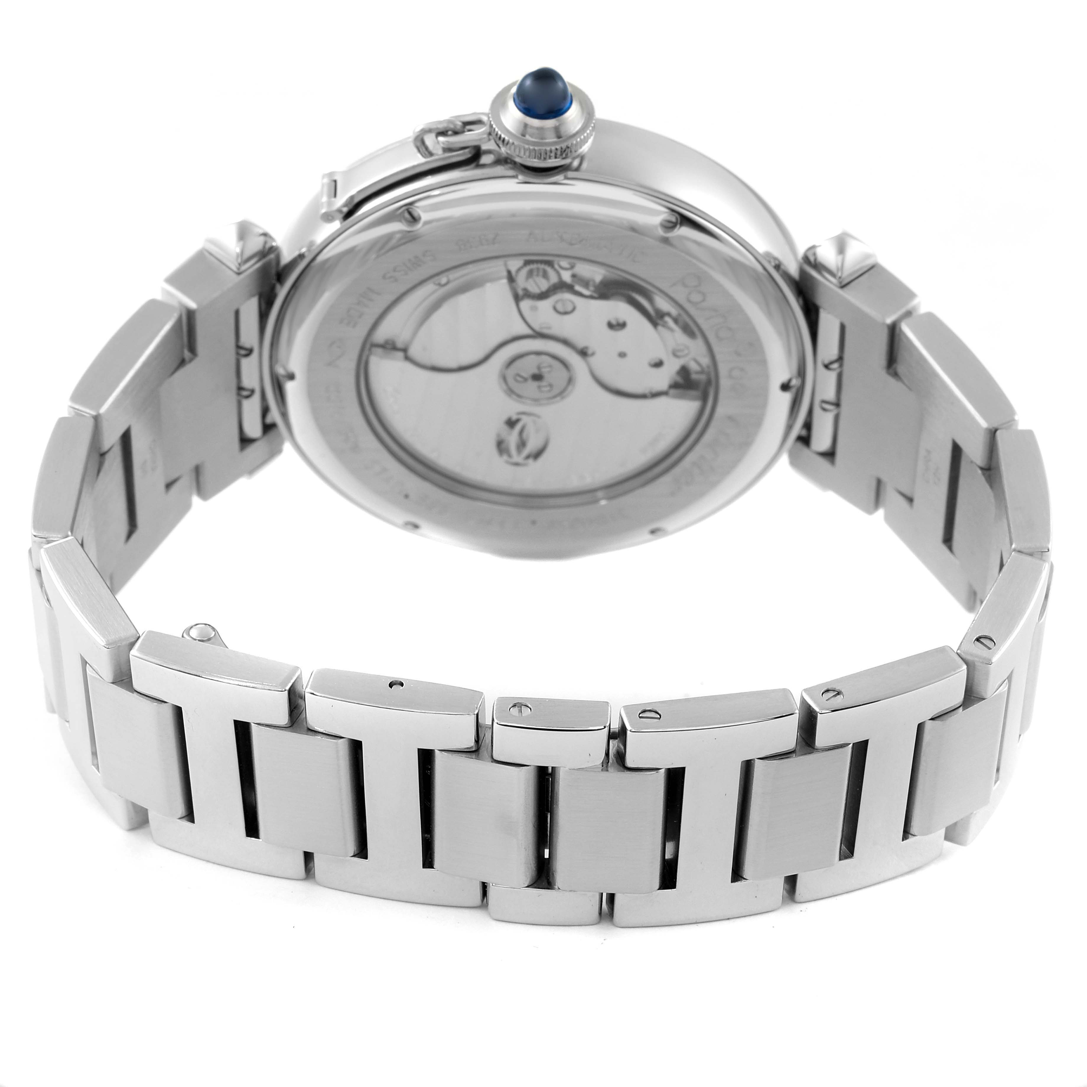 The image shows the back view of a Cartier Pasha W31093M7 Men's Stainless Steel Silver Dial W31093M7 Men's Stainless Steel Silver Dial watch, highlighting its case back and metal bracelet.