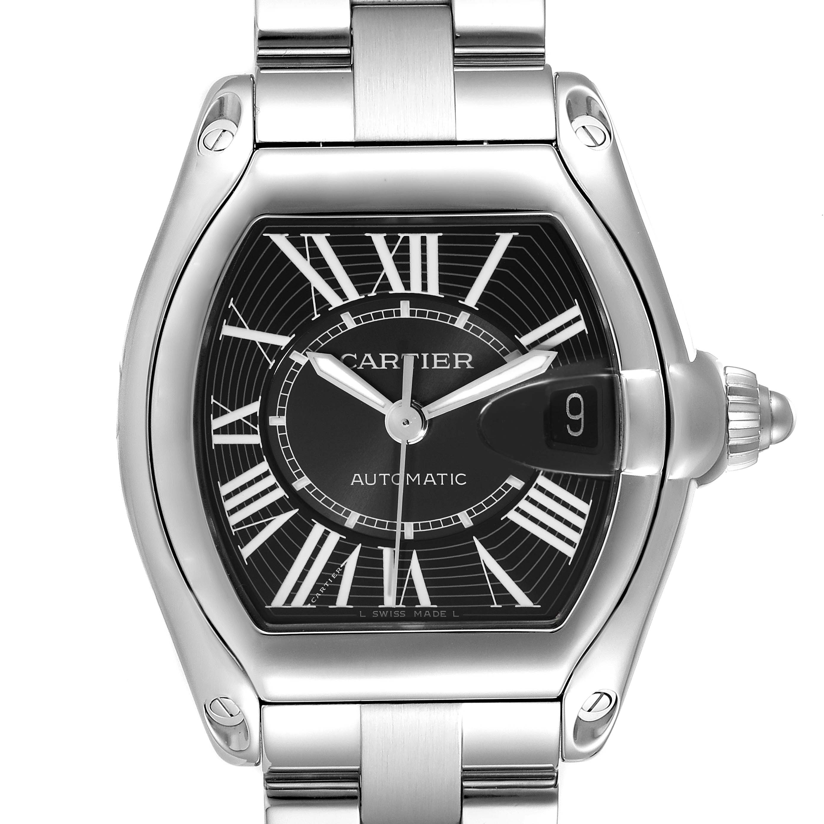 The image shows a frontal view of the Cartier Roadster W62041V3 Men
s Stainless Steel Black Dial W62041V3 Men
s Stainless Steel Black Dial watch, highlighting its dial, crown, and stainless steel bracelet.