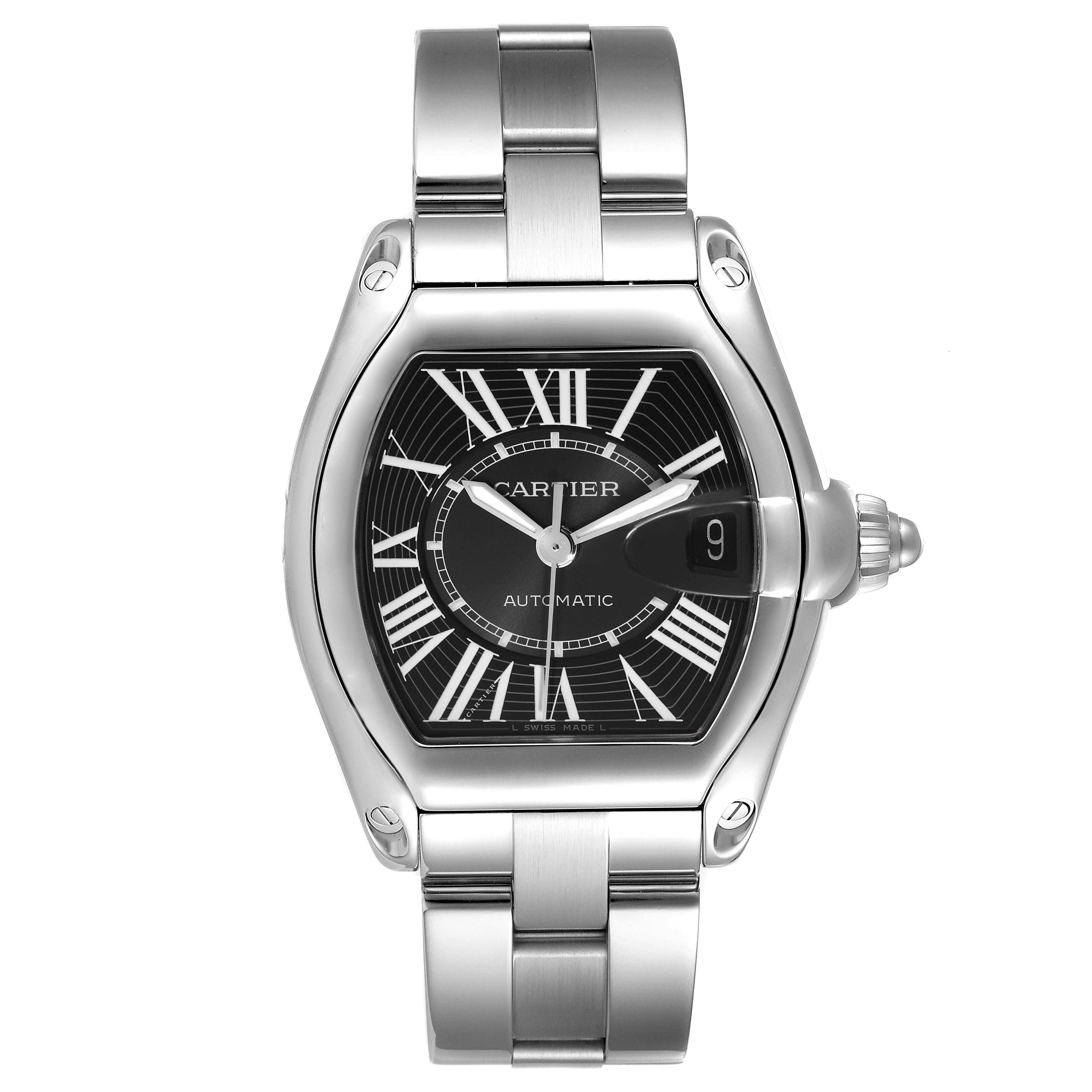 The image shows a front view of the Cartier Roadster W62041V3 Men
s Stainless Steel Black Dial W62041V3 Men
s Stainless Steel Black Dial watch, displaying its dial, case, and bracelet.