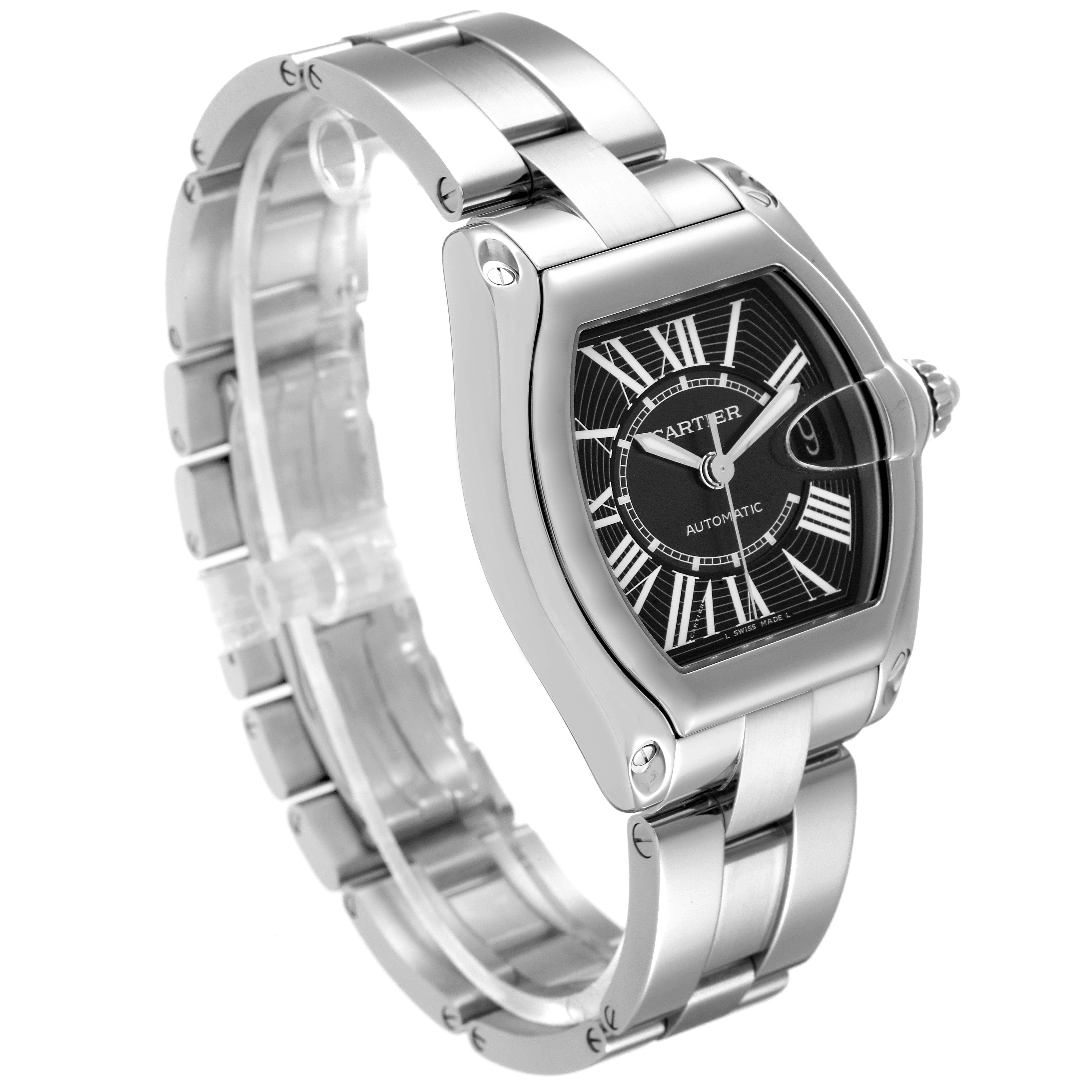 The image shows a Cartier Roadster W62041V3 Men
s Stainless Steel Black Dial W62041V3 Men
s Stainless Steel Black Dial watch at a slightly tilted angle revealing the face, bezel, and part of the bracelet.