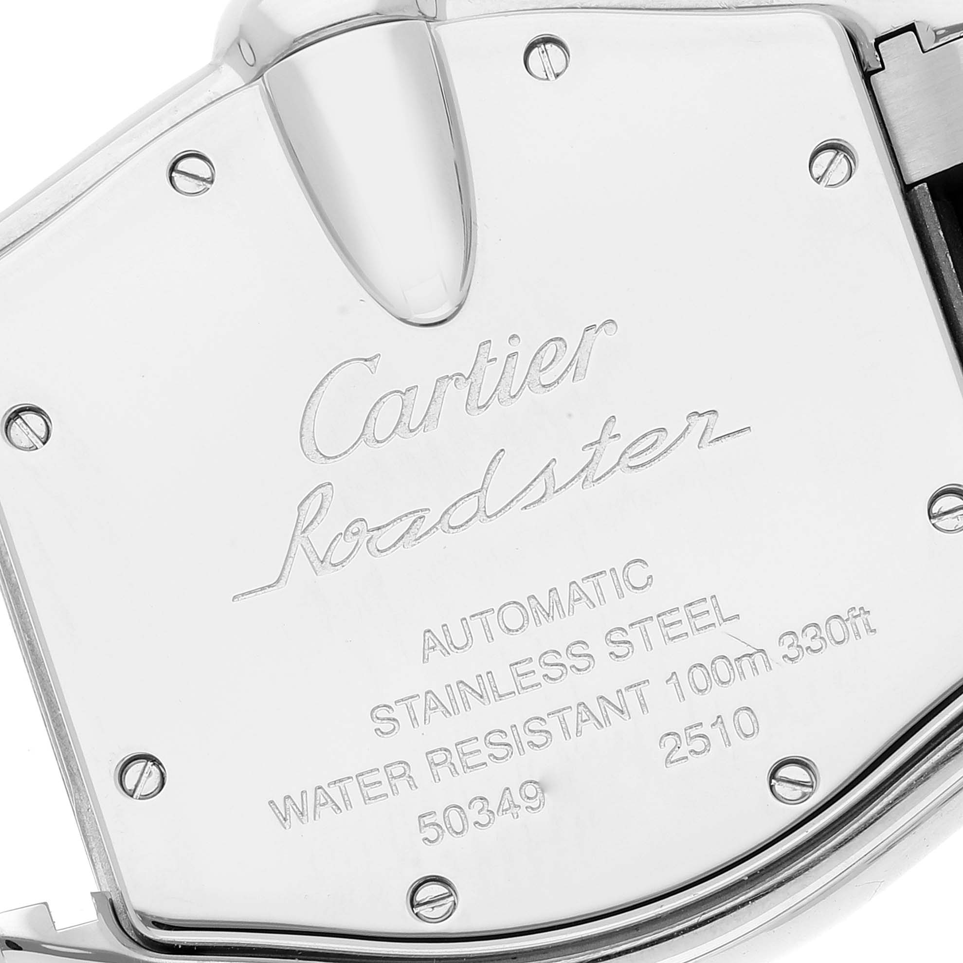 The image shows the case back of a Cartier Roadster W62041V3 Men
s Stainless Steel Black Dial W62041V3 Men
s Stainless Steel Black Dial automatic watch, highlighting details like water resistance and material.