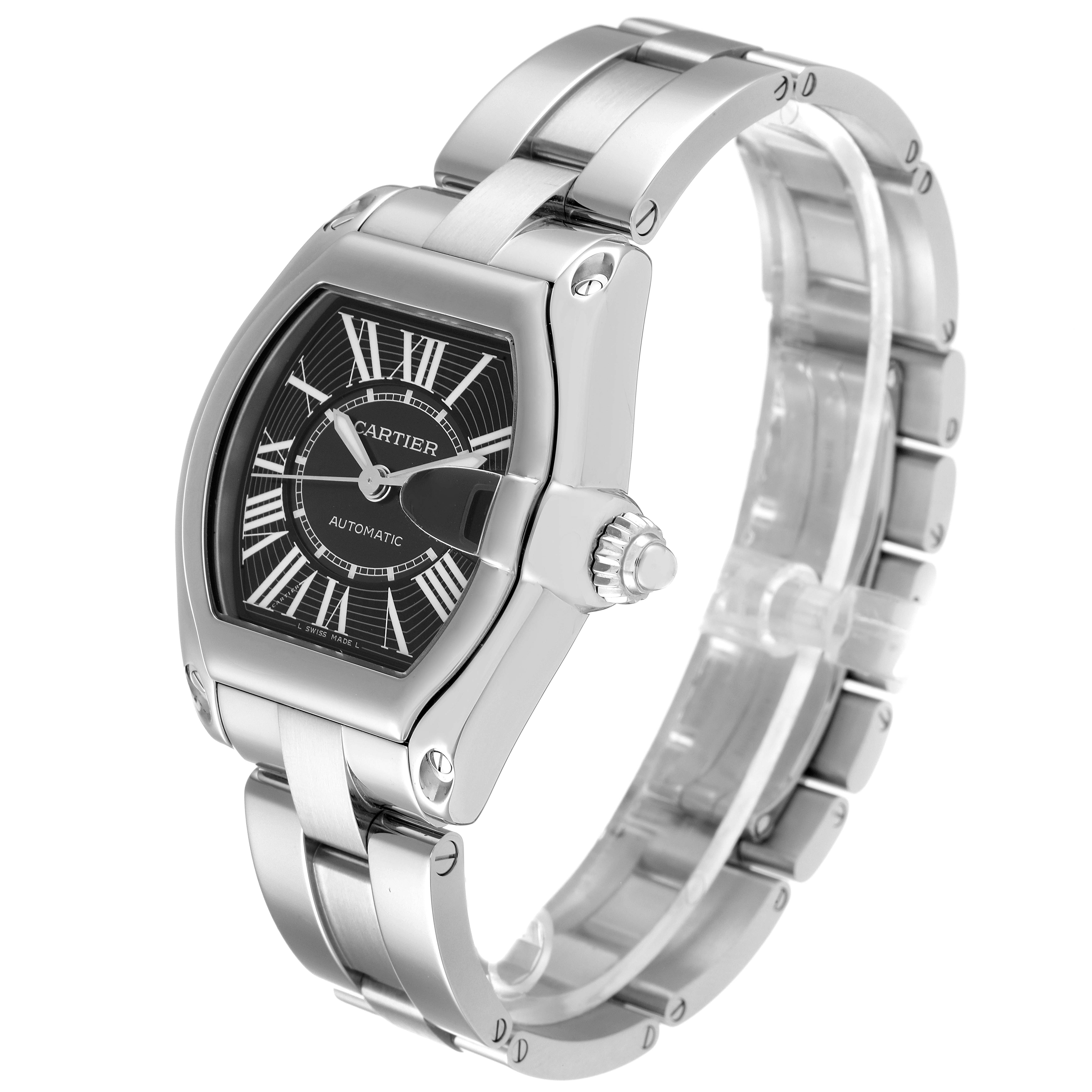The Cartier Roadster W62041V3 Men
s Stainless Steel Black Dial W62041V3 Men
s Stainless Steel Black Dial watch is shown at an oblique angle, displaying its dial, case, crown, and bracelet.