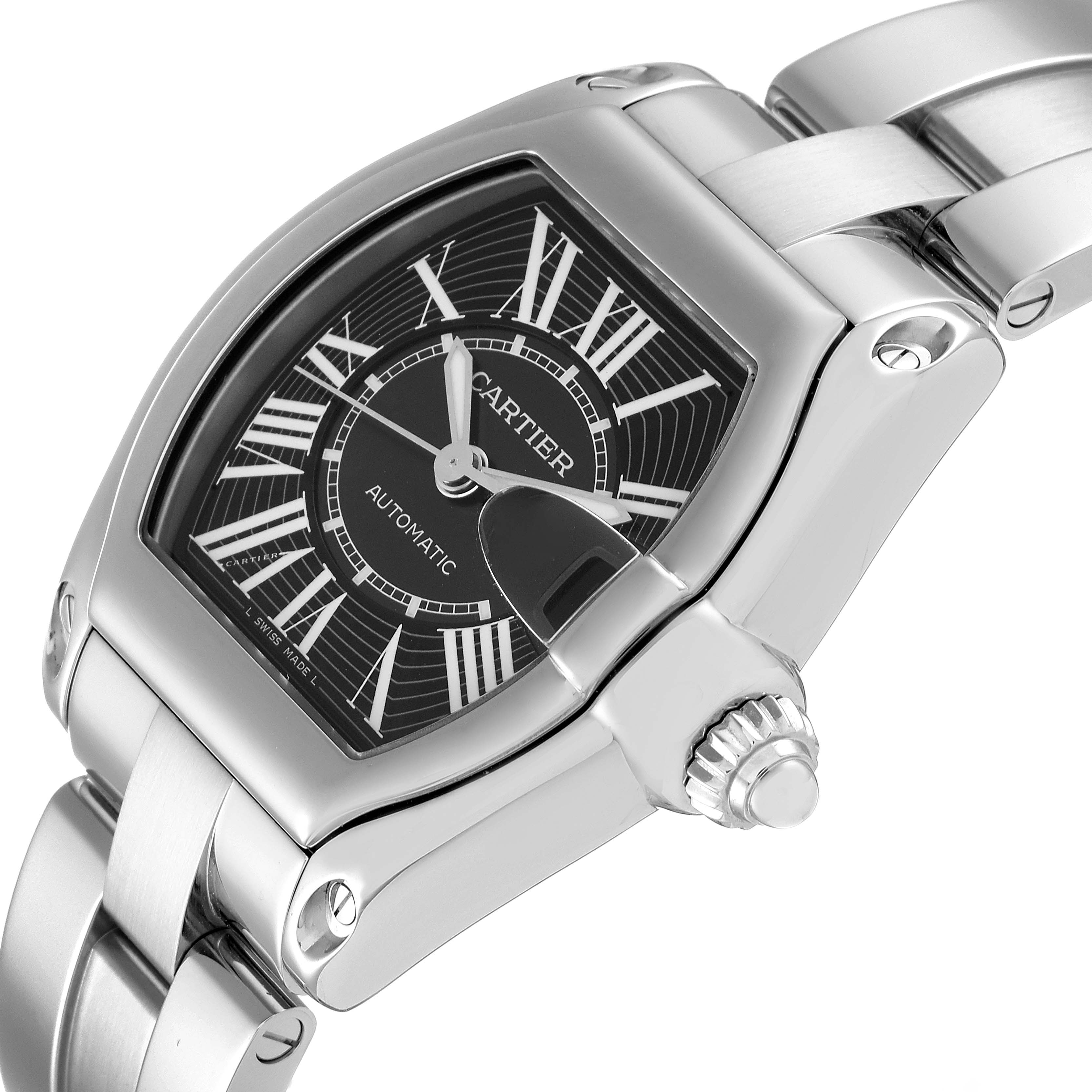 This image shows a close-up angle of the Cartier Roadster W62041V3 Men
s Stainless Steel Black Dial W62041V3 Men
s Stainless Steel Black Dial watch, highlighting the dial, crown, and part of the bracelet.