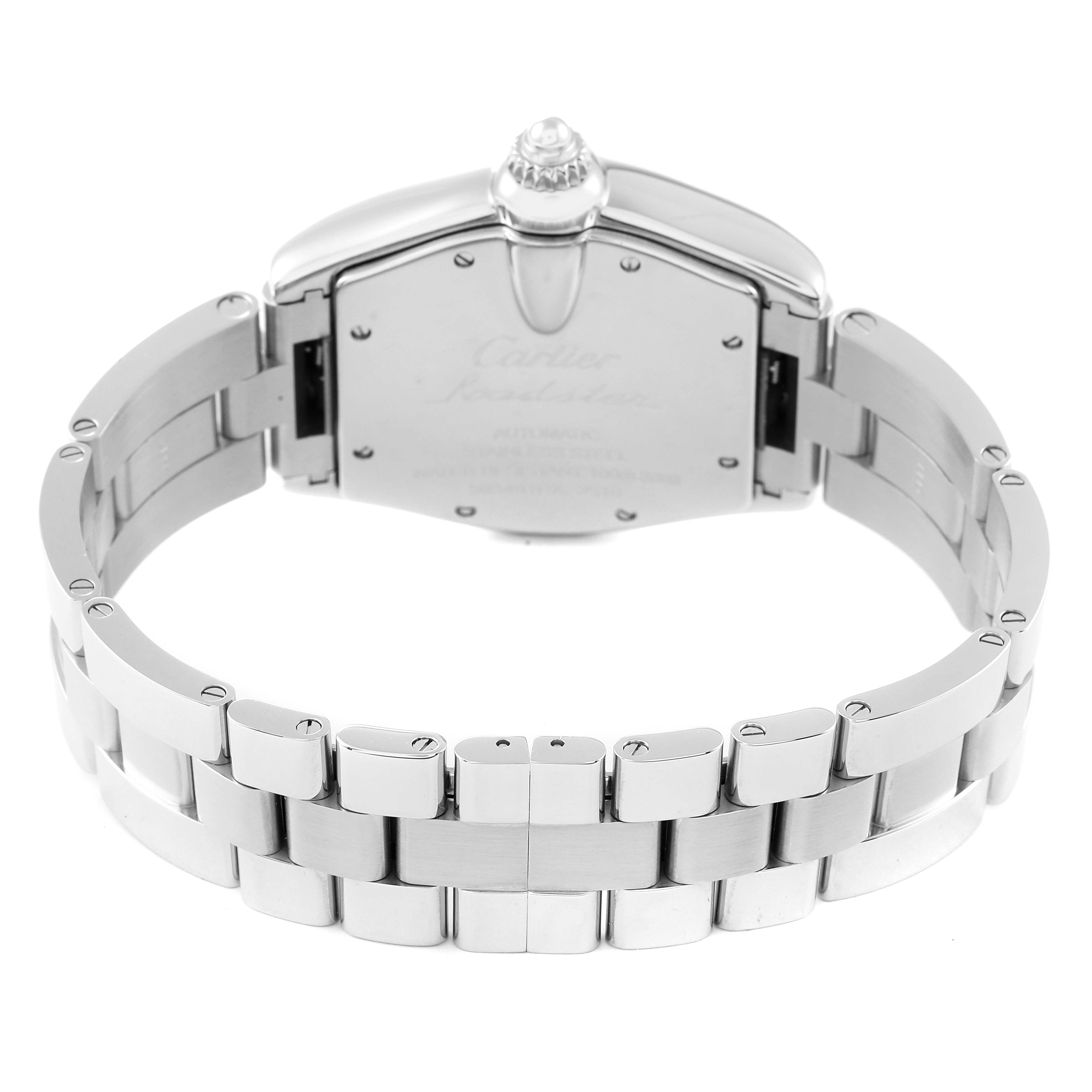 The image shows the back view of the Cartier Roadster W62041V3 Men
s Stainless Steel Black Dial W62041V3 Men
s Stainless Steel Black Dial watch, focusing on the bracelet and clasp.