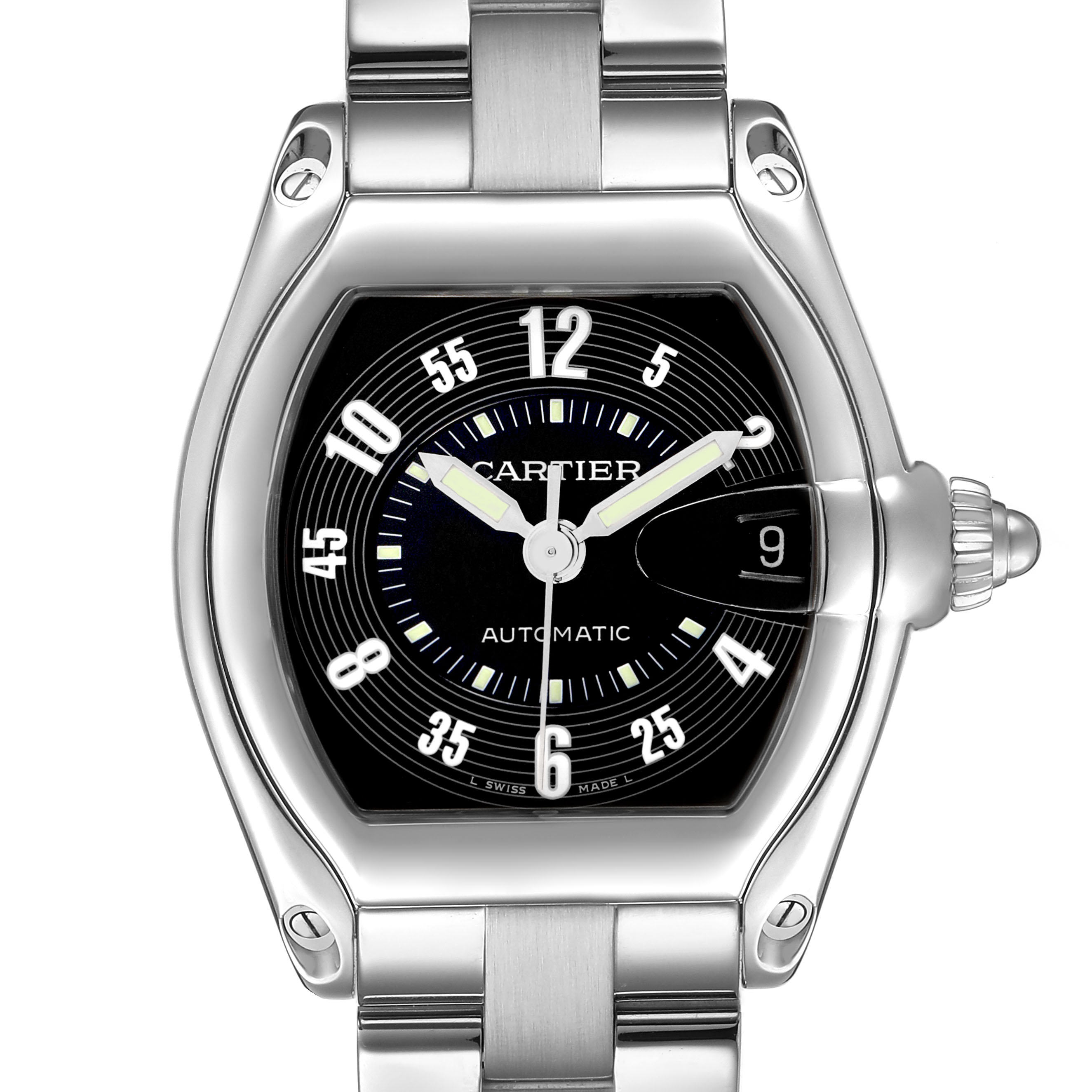 The image shows a Cartier Roadster W62004V3 Men's Stainless Steel Black Dial watch from a front view, highlighting the face, bezel, and bracelet.