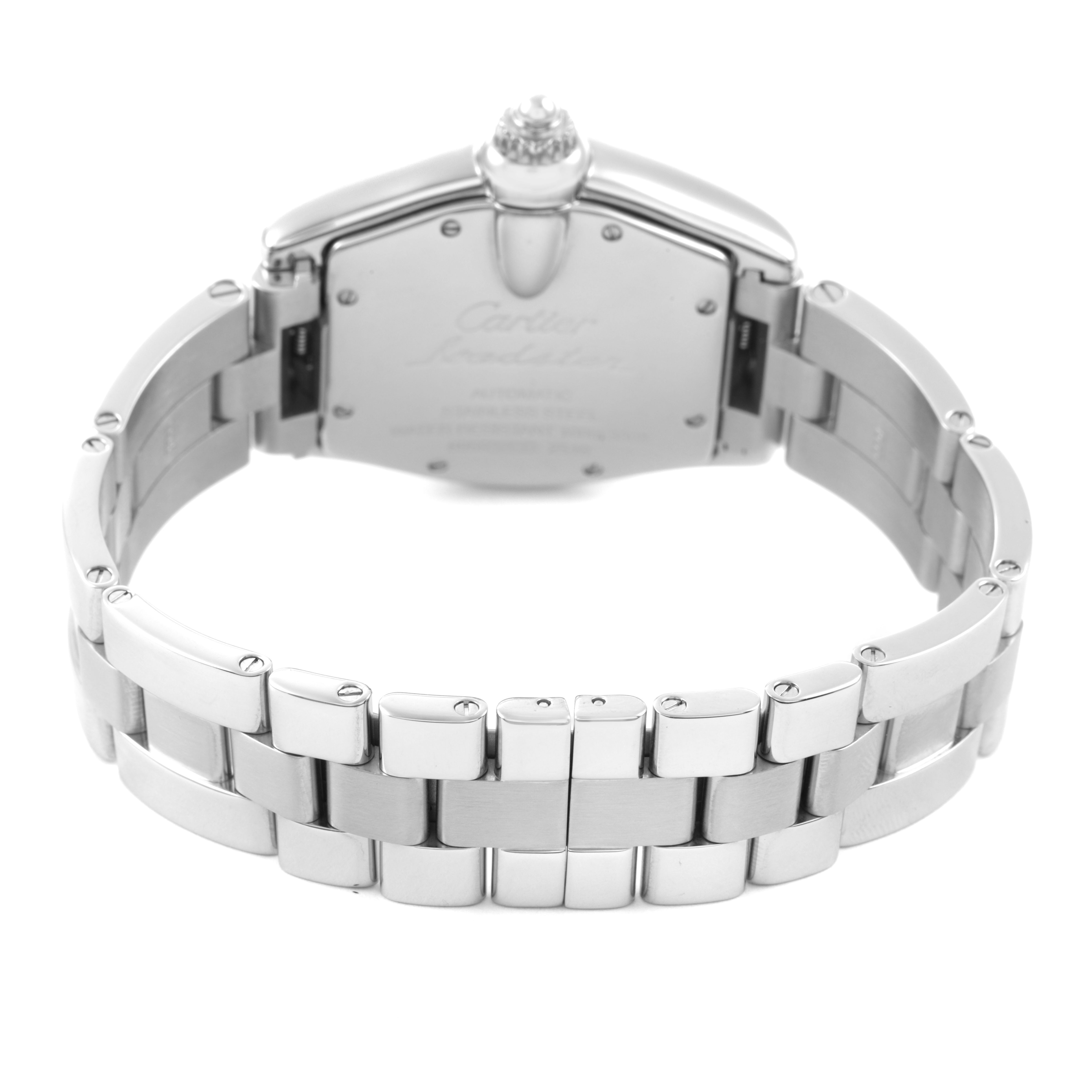 The Cartier Roadster W62004V3 Men's Stainless Steel Black Dial watch is shown from the back, highlighting the clasp and metal bracelet.