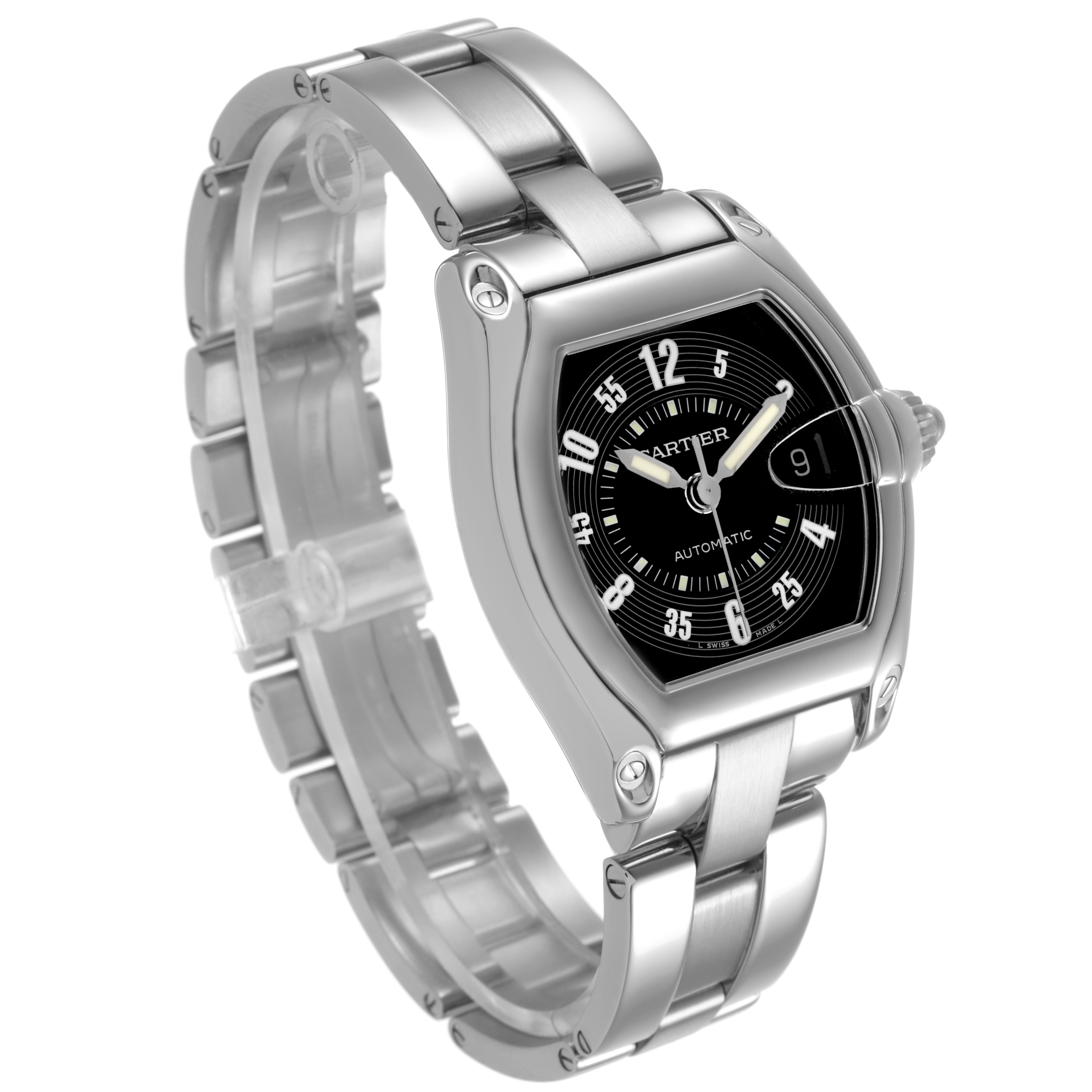 The Cartier Roadster W62004V3 Men's Stainless Steel Black Dial watch is shown at an angled view, displaying the face, bracelet, and crown.