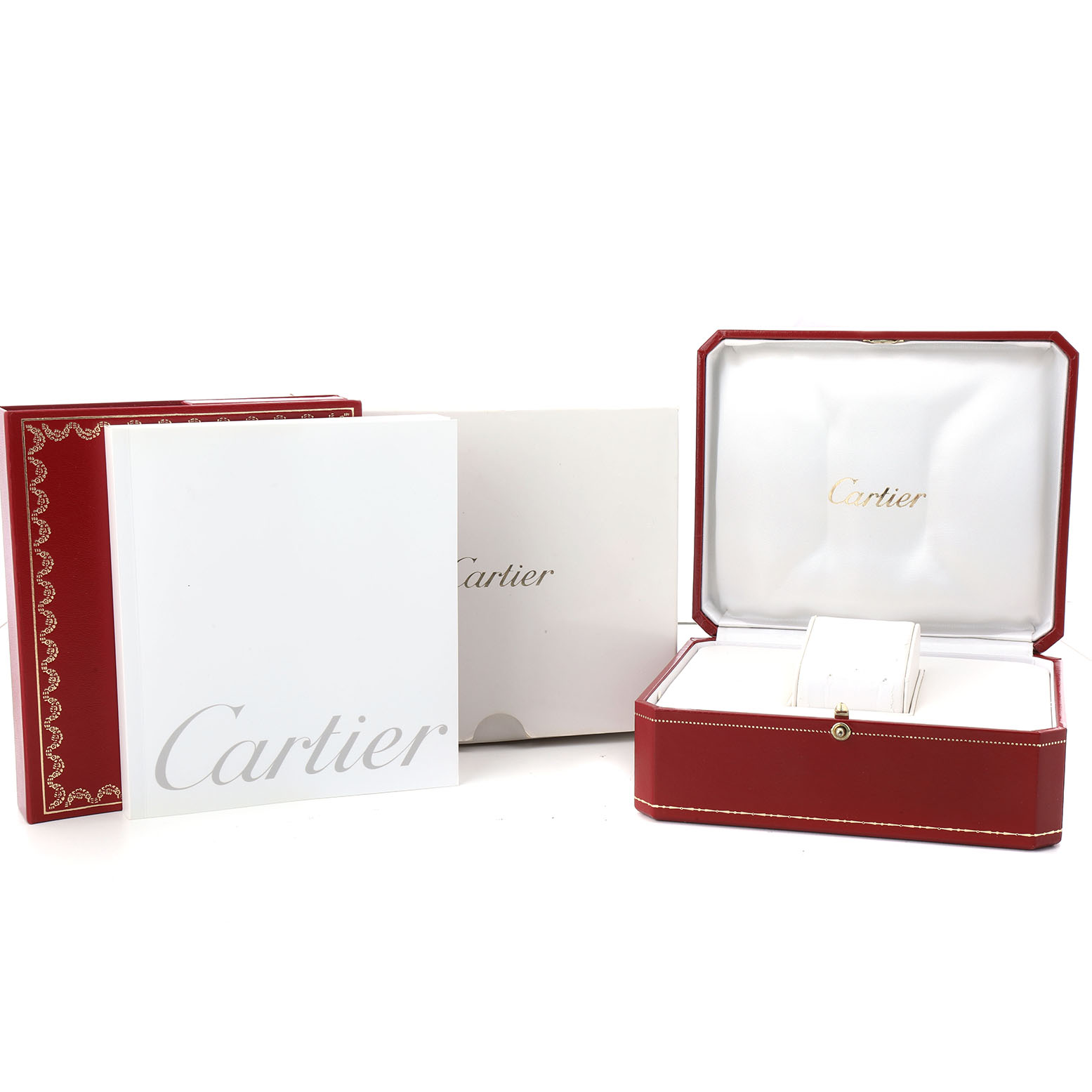The image shows the packaging and accessories for the Cartier Roadster W62004V3 Men's Stainless Steel Black Dial watch, including a red box and branded documents.