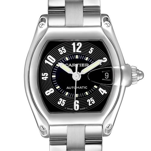 The Cartier Roadster W62004V3 Men's Stainless Steel Black Dial watch is shown from a front angle, highlighting its face, date, and details of its bracelet and crown.