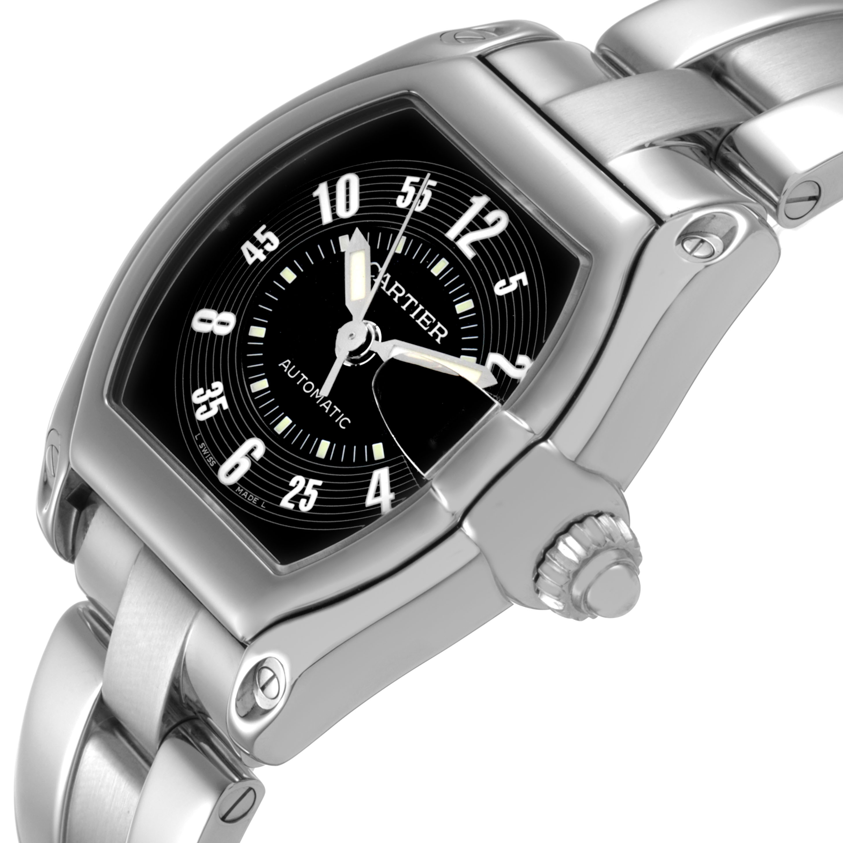 The Cartier Roadster W62004V3 Men's Stainless Steel Black Dial watch is shown at a three-quarter angle, highlighting its case, crown, dial, and bracelet.