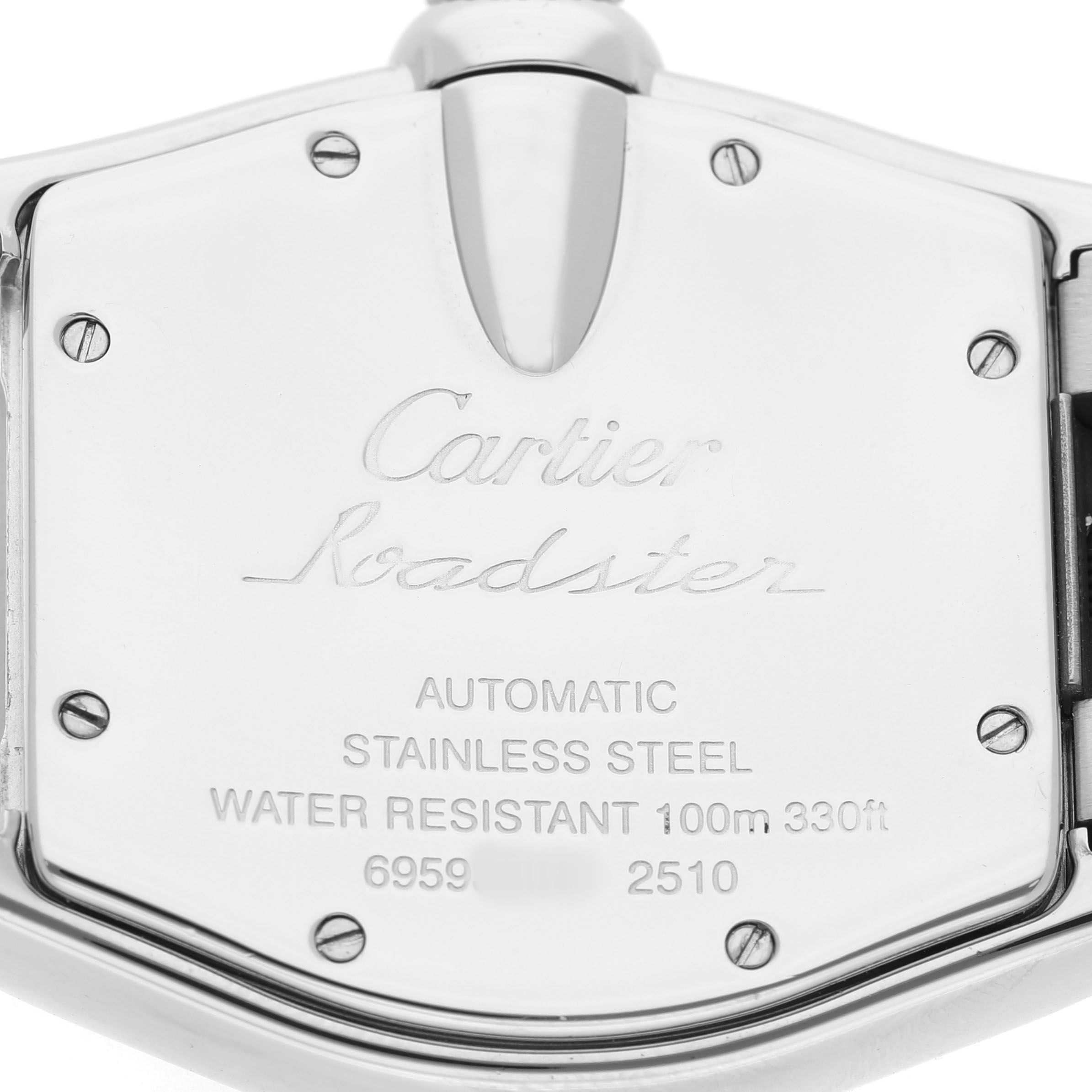 The image shows the back case of a Cartier Roadster W62004V3 Men's Stainless Steel Black Dial watch, detailing its specifications and serial numbers.