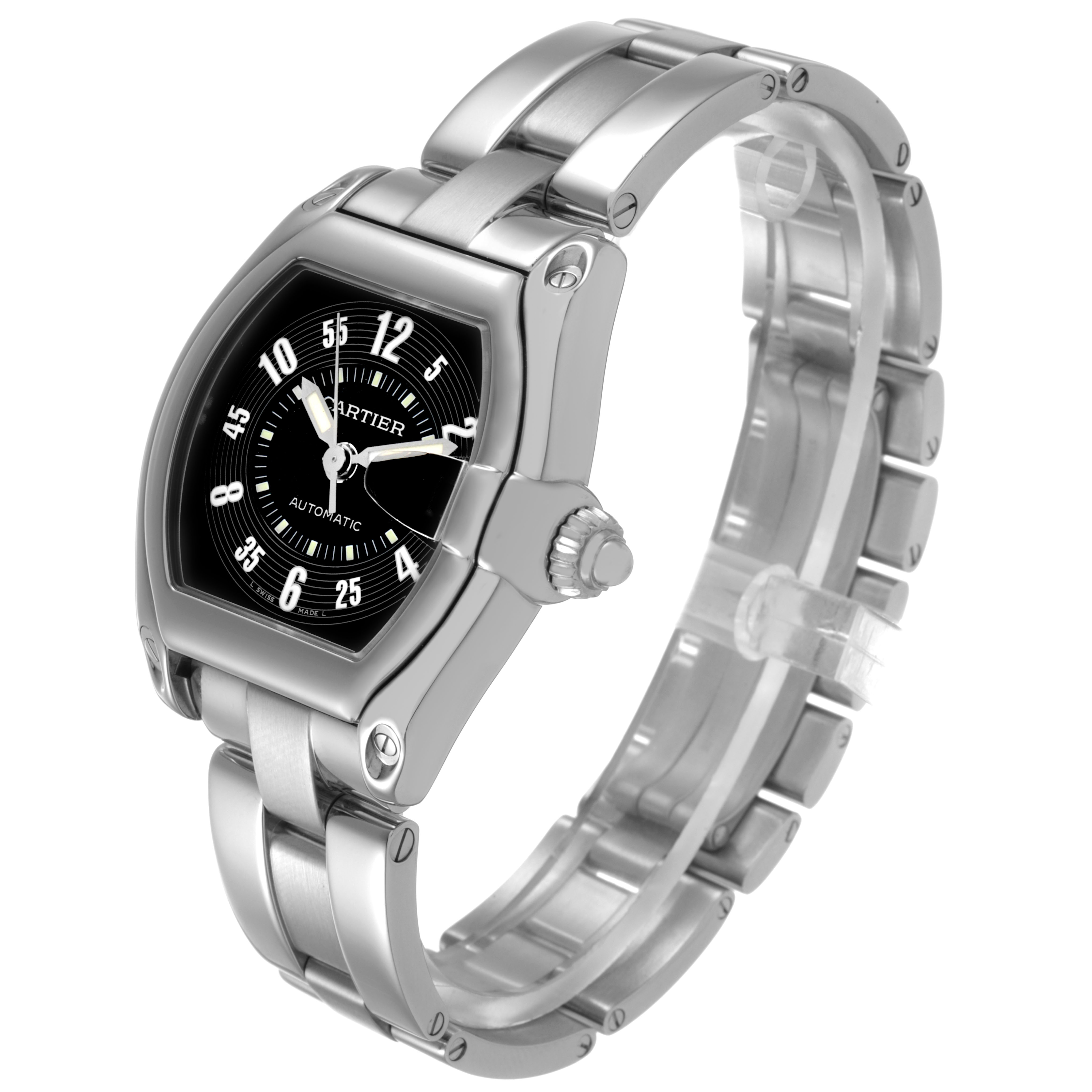 The Cartier Roadster W62004V3 Men's Stainless Steel Black Dial watch is shown at a three-quarter angle, highlighting its dial, case, crown, and metal bracelet.